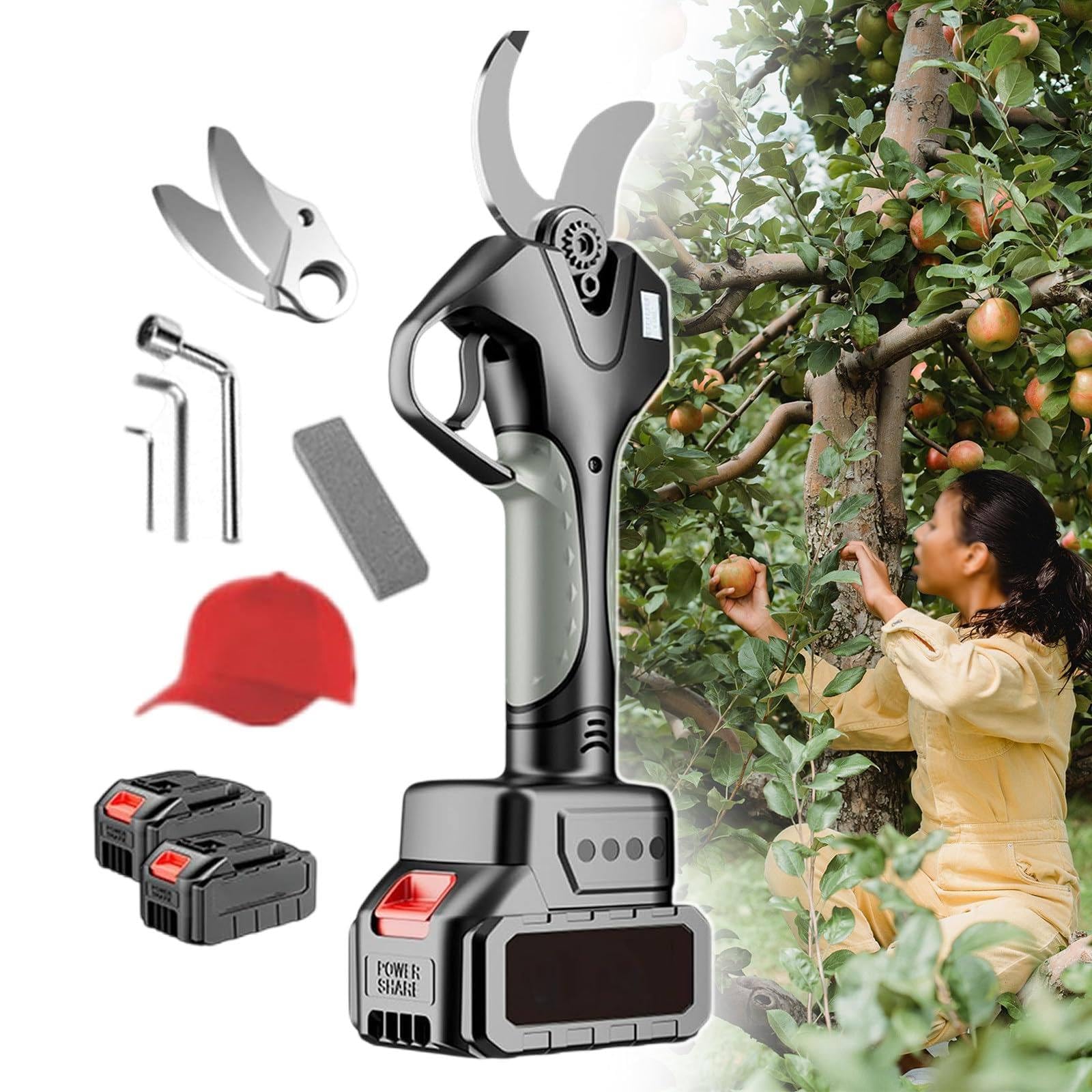 Forbici elettriche da potatura con lama di ricambio 2 batterie, cesoie per alberi ricaricabili senza fili leggere, facili usare, rami e cespugli fioriti, protezione sicurezza, diametro taglio 45 mm