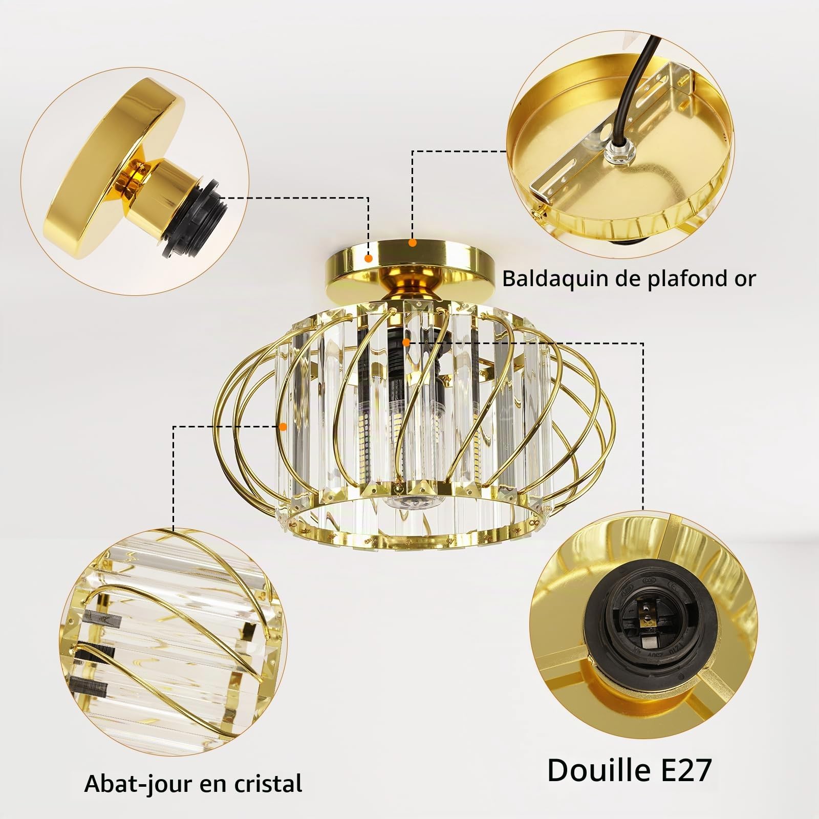 FRIDEKO HOME Plafonnier Or Lustre Cristal,Moderne Plafonnier Métal Rond Abat-jour E27 Lampe Plafond pour Chambre Salon Cuisine Couloir,Ø28cm
