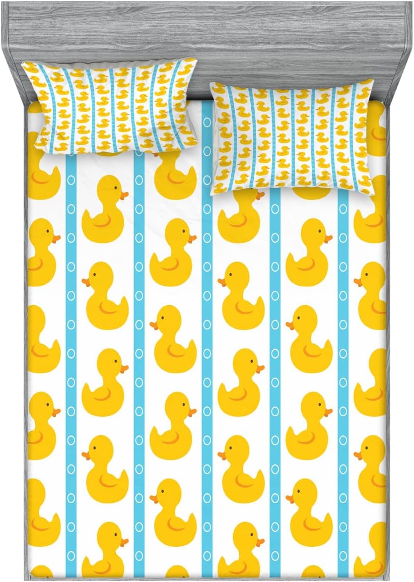 Ambesonne Rubber Duck Fitted Sheet & Pillow Sham Set, Duckies on Stripes and Small Circles Play Toys Pattern Print, Decorative Printed 6 Piece Bedding Decor Set, Full, Blue Yellow