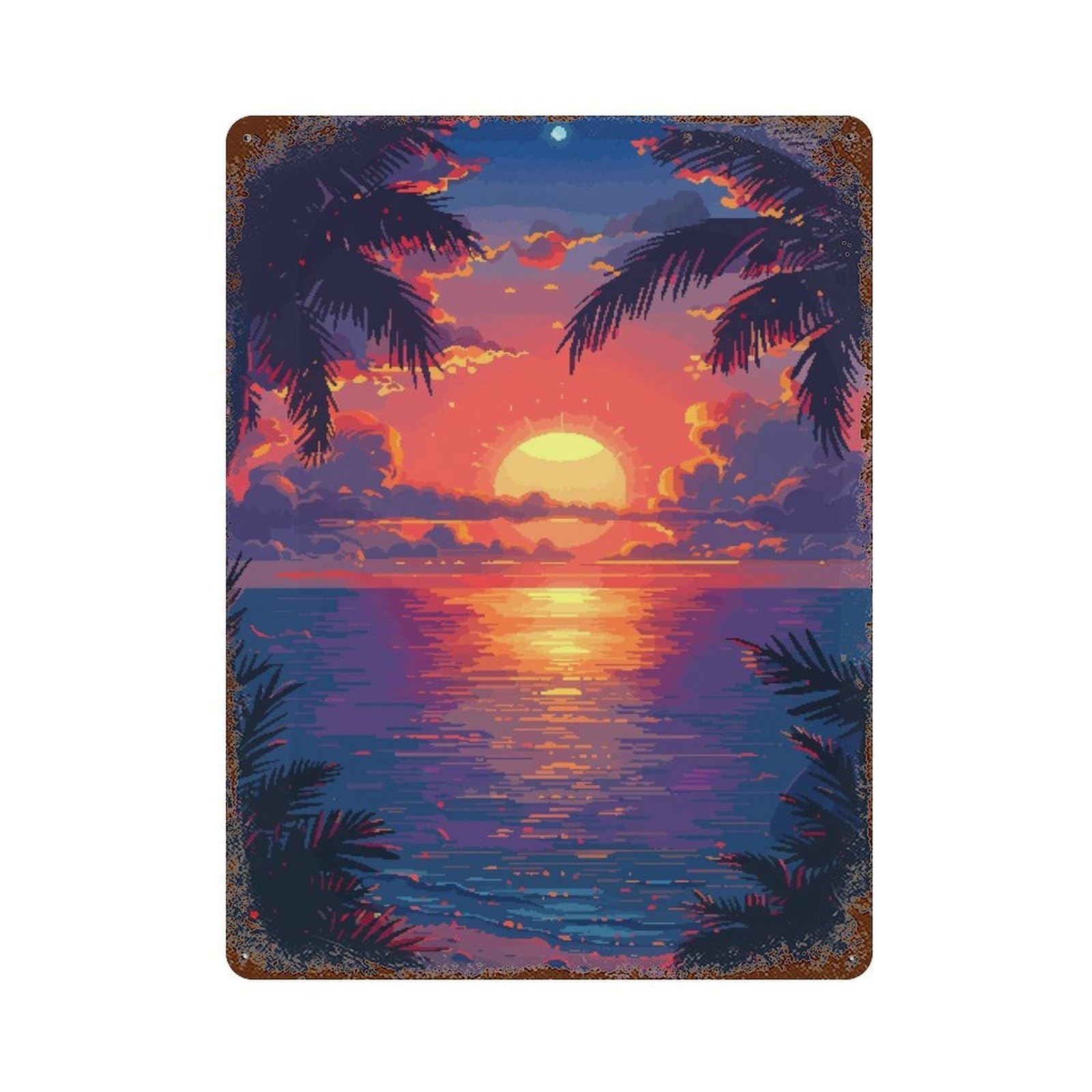 Distressed Metal Wall Sign with Sunset Beach Pixel Art Design 15.7"x11.8", for Living Room, Hallway And Home Decor, Vintage Wall Decor