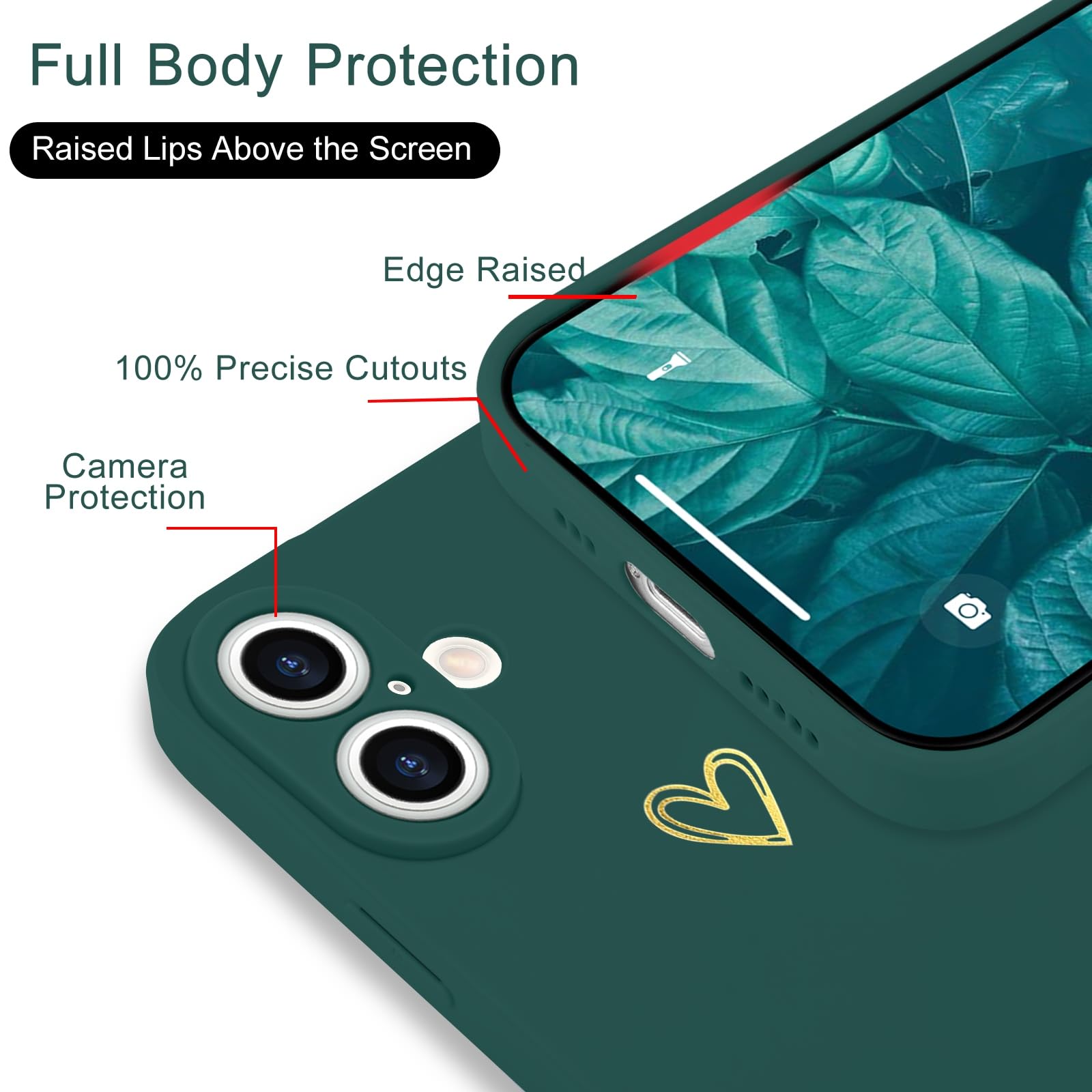 Wirvyuer for iPhone 16 Plus Case Cute Heart Pattern Soft Shockproof Protective Silicone Phone Case for Women Girls Green - Image 4