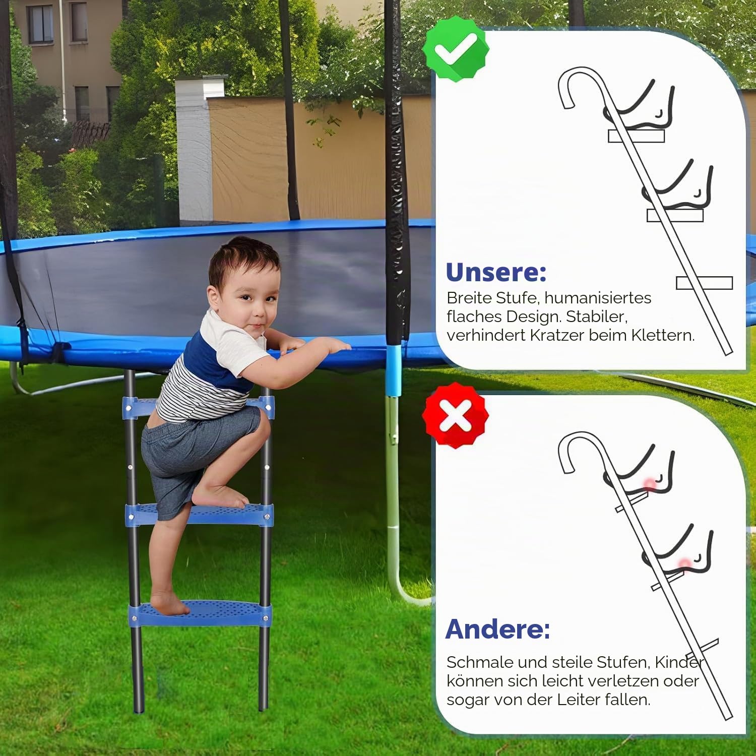 Trampolin Leiter, 107 cm lang, 3-stufige Trampolinleiter, Trampolin zubehör, flexibel montierbar UV-beständig rutschfeste Sicherheitsleiter (3 Stufen, Blau)