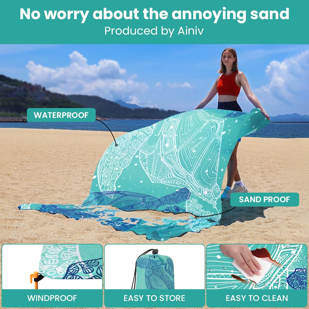 Ainiv Beach Blanket, Large Beach Mat 140 x 210 cm (2-3 People) Foldable, Picnic Blankets Sandproof Waterproof, Beach Accessories Outdoor Blankets with 6 Fixed Nails for Beach, Camping, Hiking, Picnic - Image 3