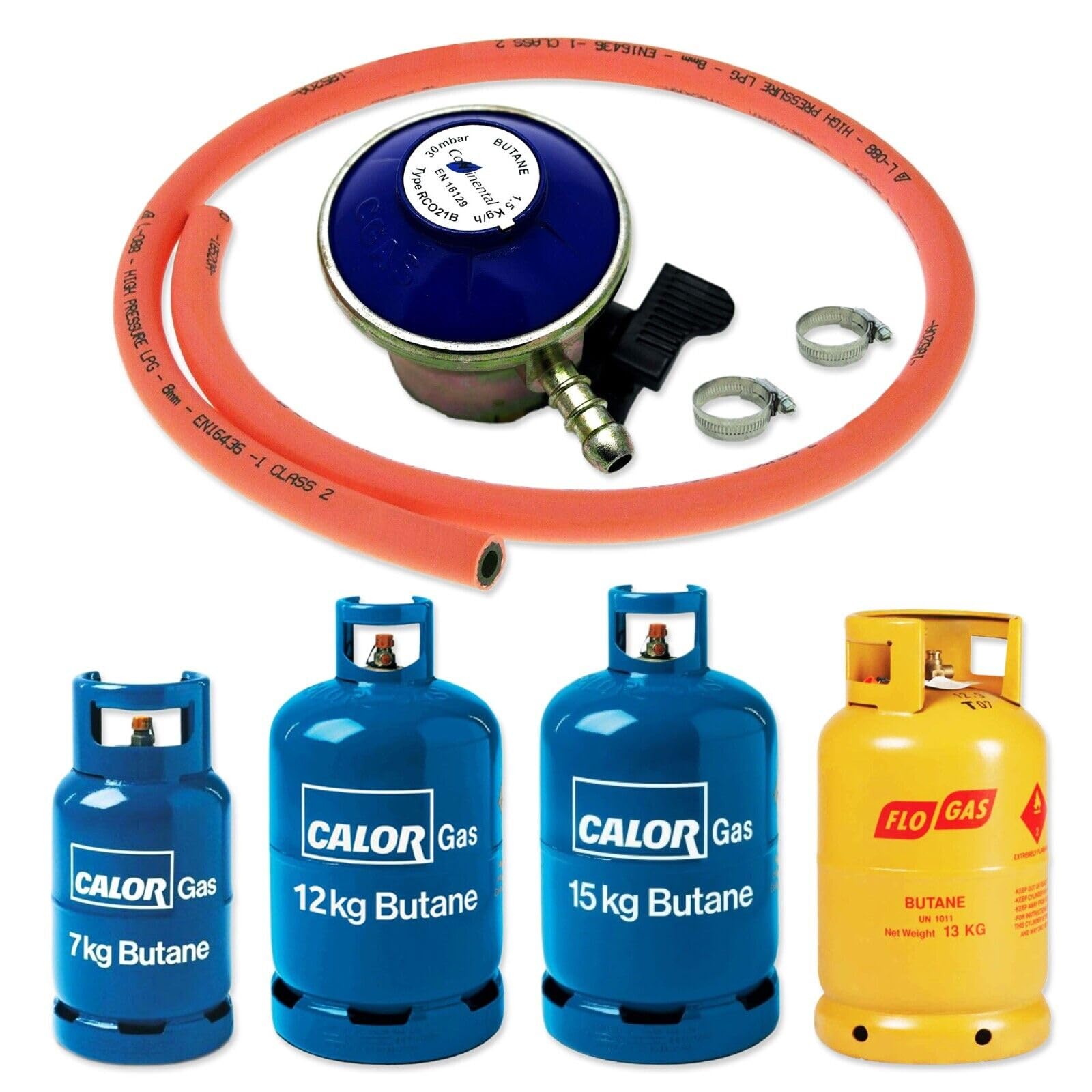 Catering Parts Uk Blue Gas Hose, Clips & Gas Regulator Butane 28 Mbar (Clip On) 21Mm Clip On 30Mbar Bbq