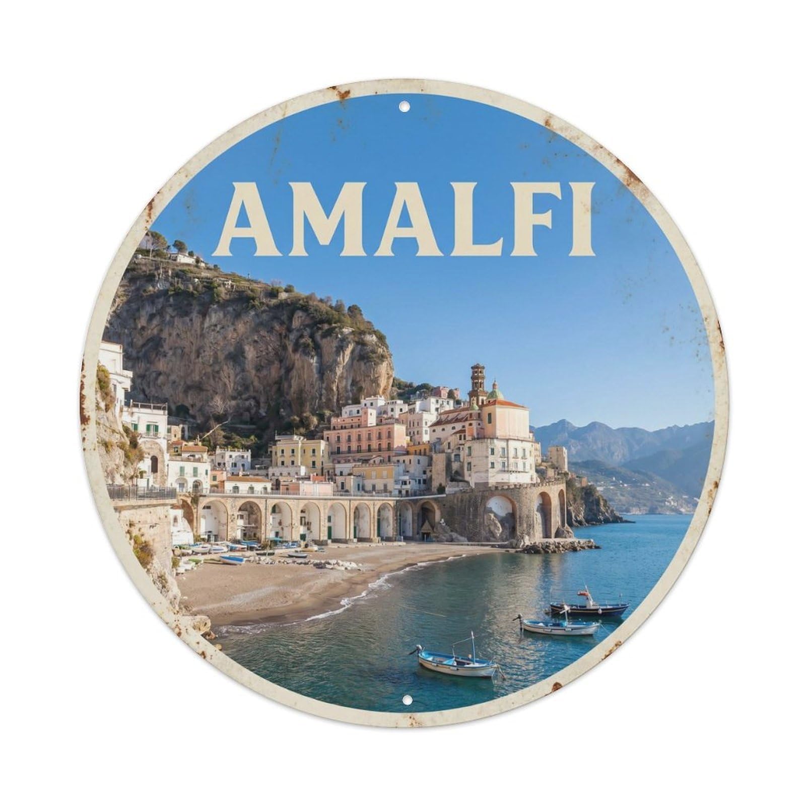 Coastal Italy Winter Landscape Travel Heritage Classic Metal Tin Sign Plaque Wall Decor for Cafe, Man Cave, Club Bar, Office, Home Garden Round Metal Poster 8x8Inch