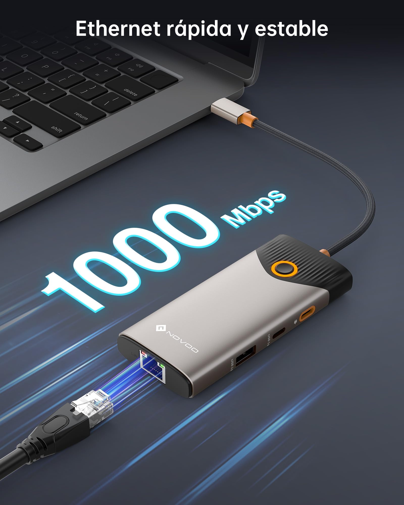 NOVOO USB C Hub, 7-en-1 Dock con HDMI 4K@60Hz, 1Gbps Ethernet, 100W PD Carga, Puertos USB-A/C 5Gbps, Estación Docking Compatible para MacBook, iPad, iPhone, DELL, HP, Surface