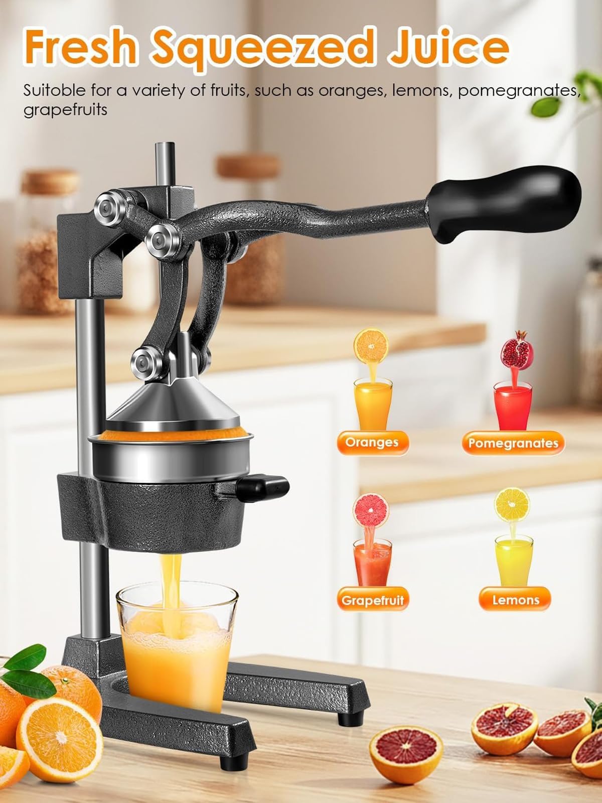 Spremiagrumi manuale, spremiagrumi per mandarini, spremiagrumi professionale, spremiagrumi arancione di grado commerciale, con filtro in acciaio inossidabile 304, adatto per casa, caffè e bar (grigio
