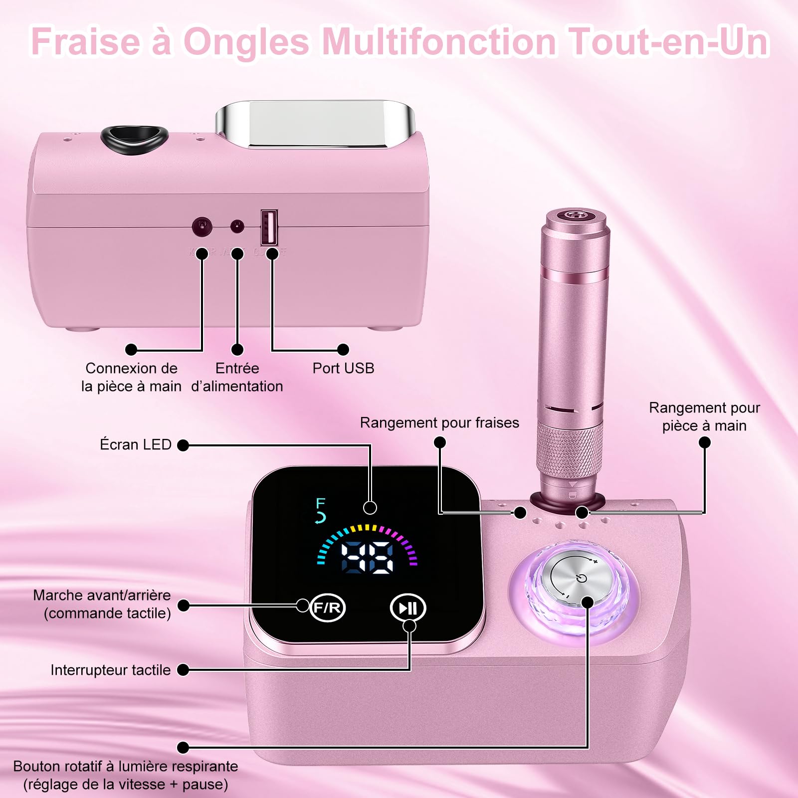 Ponceuse pour Ongles Professionnelle 45000 RPM,12 en 1 Lime a Ongle Electrique Portable,Ponceuse Ongles avec Écran LCD & Support,Lime à Ongle Electrique Silencieux,Conçu pour Les Salon,(Rose)