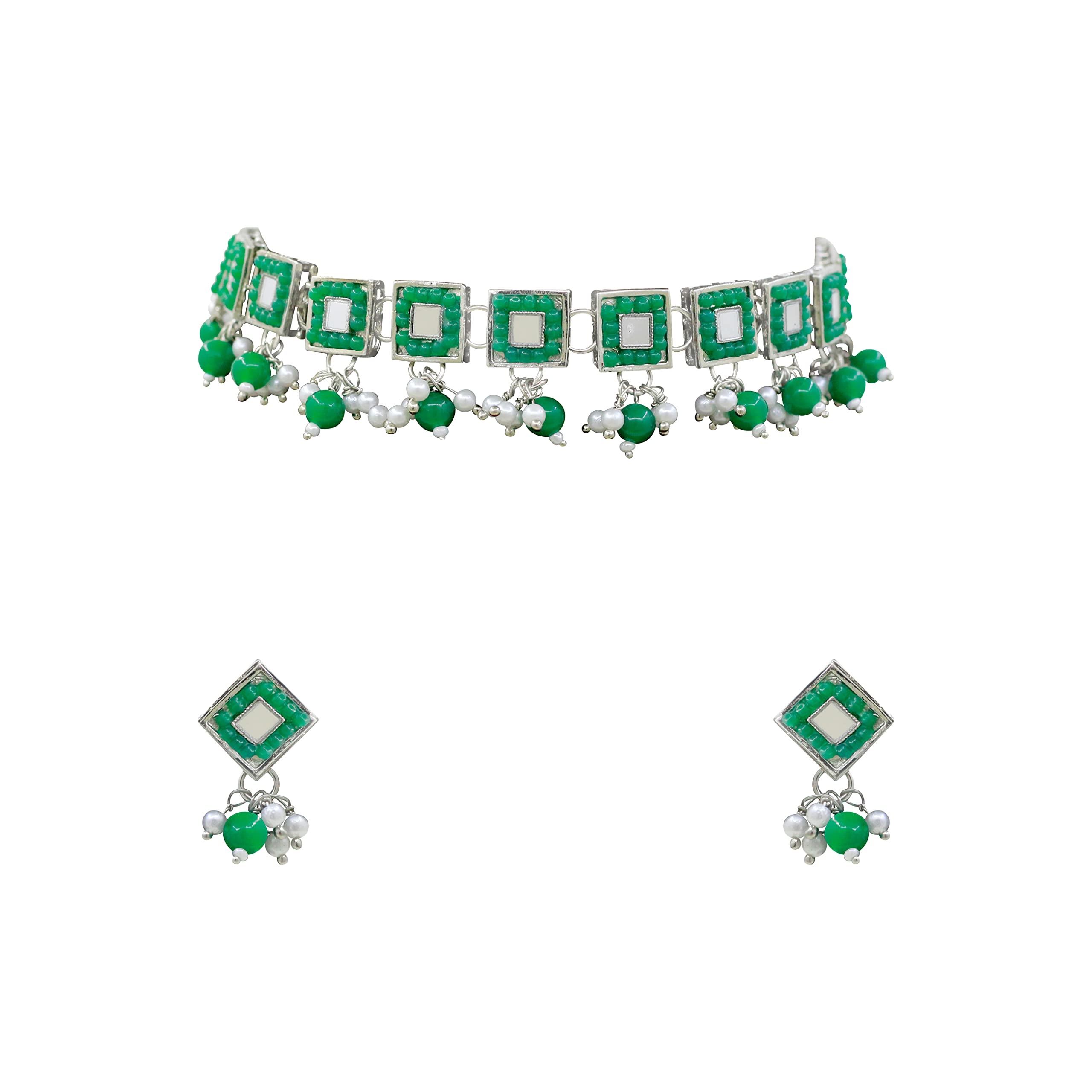 SAIYONI Square Shape Design Mirror Work Silver Plated White Pearls & Beads Alloy Choker Necklace With Earring Jewellery Set (B0B6J5BGHW) Amazon Price History, Amazon Price Tracker
