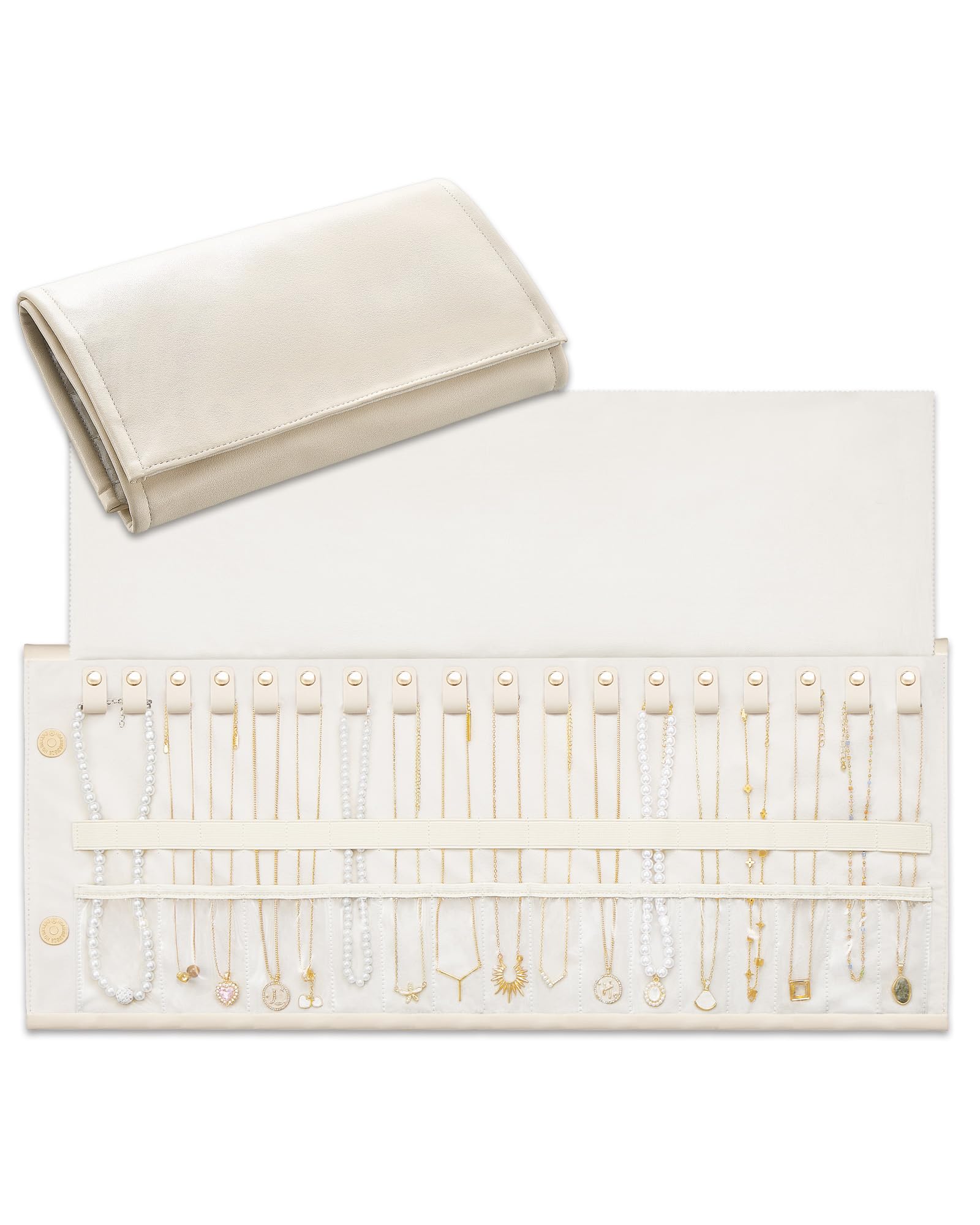 Lolalet Travel Necklace Organiser, Tangle-Free Necklace Case for Travel, Leather Foldable Roll Up Jewellery Storage Bag for Necklaces Chains Bracelets -Cream White, 18 Slots Holder