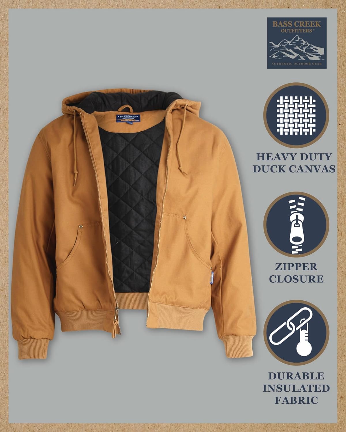 Bass Creek Outfitters Mens Canvas Jacket - Quilted Lining & Ribbed Cuff Sleeves Tricot Duck Work Jackets for Men (M-XXL)