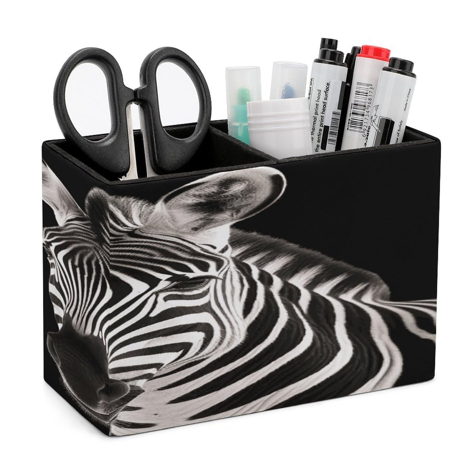 FekiLoot Zebra Pen Holders for Desk Small Remote Control Holder Leather Pencil Cup with Double Compartments Desktop Organizer for Table Desk Office Space Saving