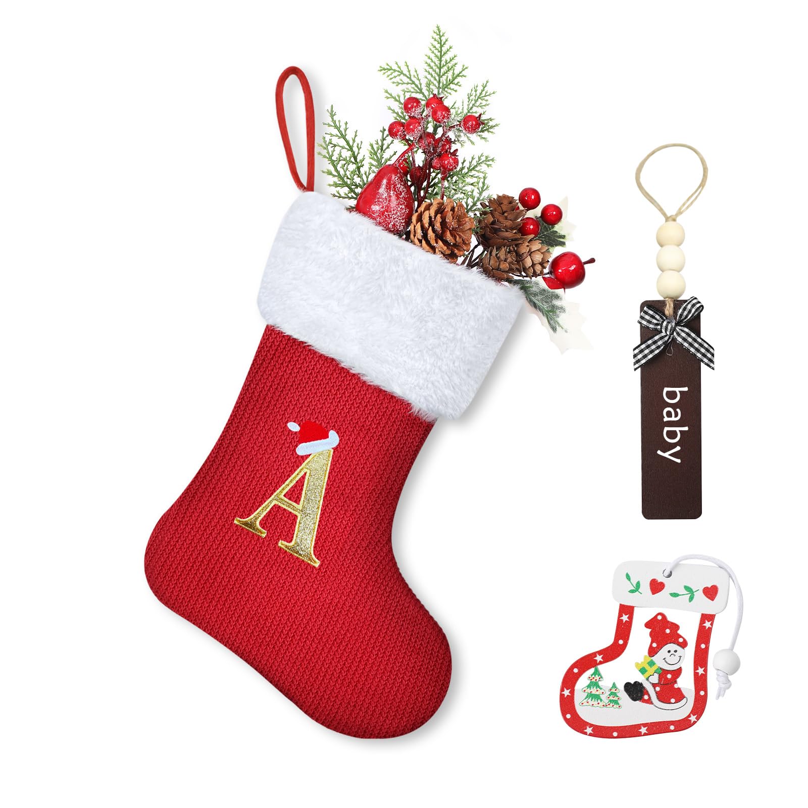Homemari Calcetín de Navidad Personalizado 30 cm Media de Papá Noel Bordada Adornos Colgantes Decoraciones navideñas para árbol de Navidad y hogar Chimenea A