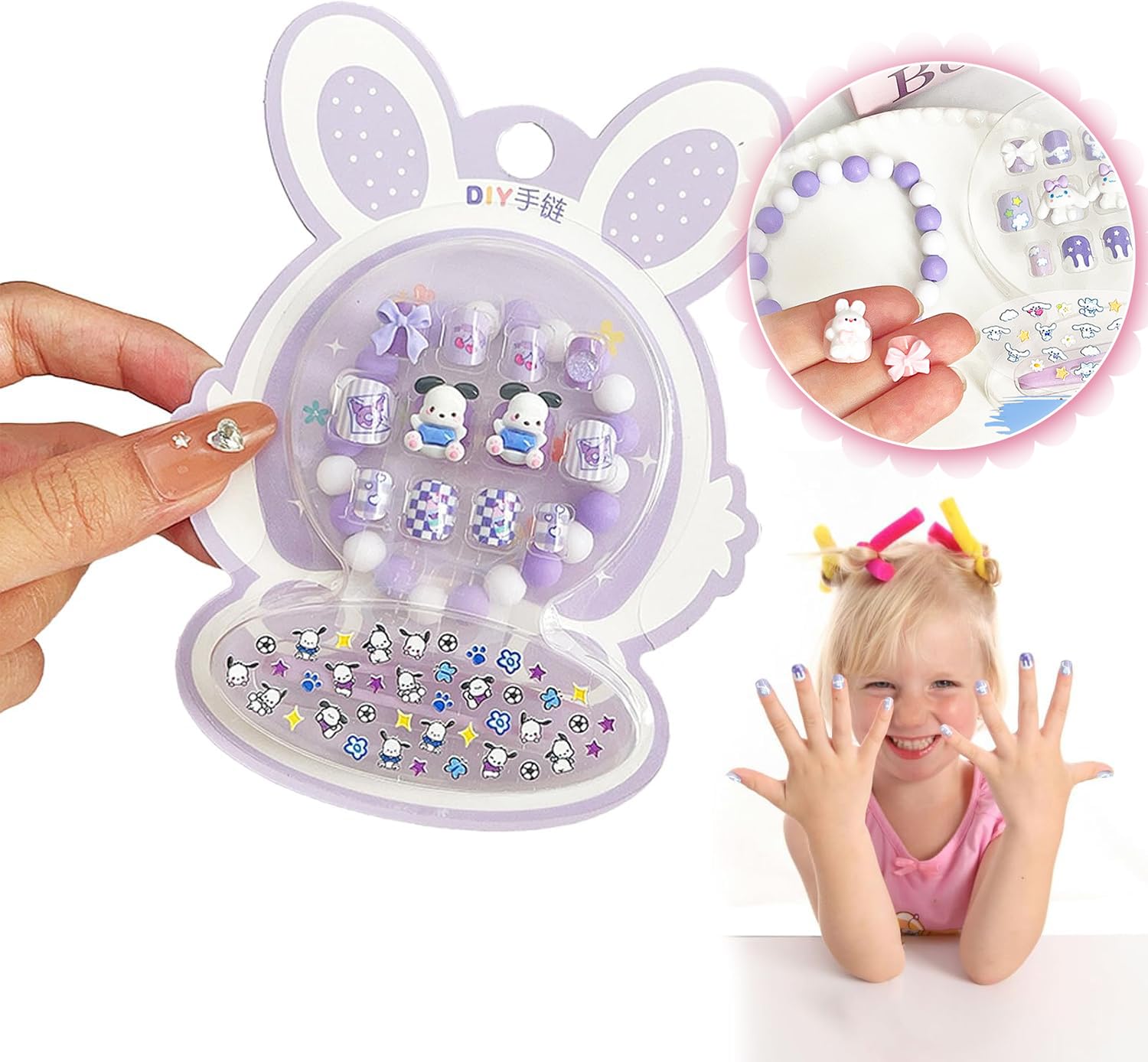 12 Pcs Press on Nails for Girls, Children Fake Nail Tip Cartoon Kids Full Cover Short Artificial Nail, with Bracelets and Stickers, Cute Fake Nails with Relief Designs (Purple, Style1)