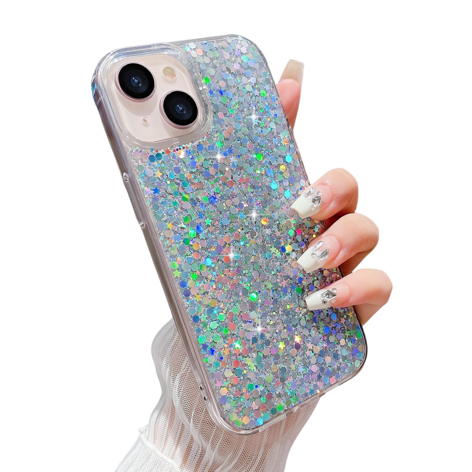 LCHULLE Designed for iPhone 15 Case Women Girls Glitter Bling Shockproof Bumper Cover Cute Sparkly Shiny Slim Fit Protective Phone Case for iPhone 15 6.1 inch,Silver