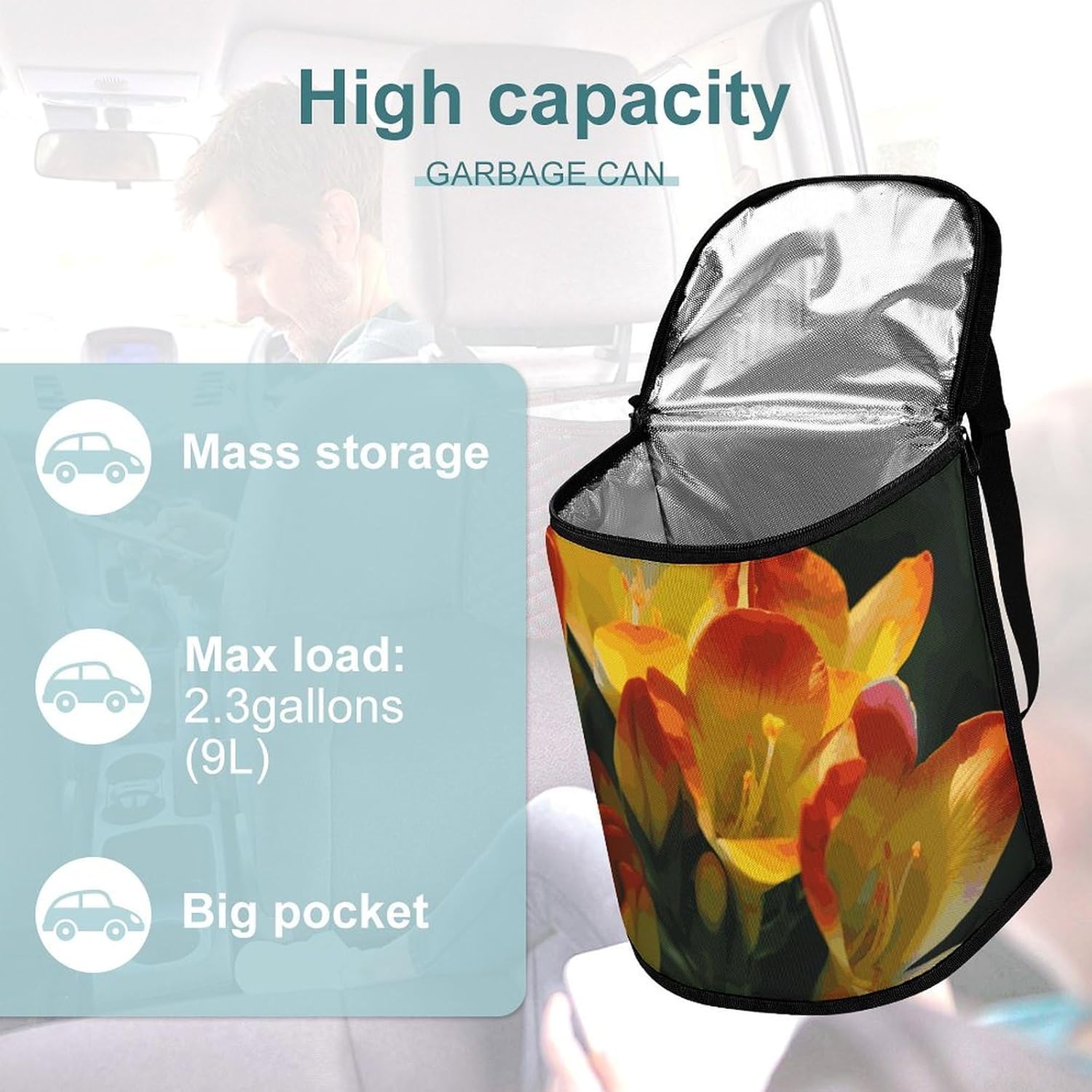 Hanging Car Trash Bag Freesia Beautiful Plant Flower Printed Car Garbage Storage Bag Leakproof Car Trash Can Portable Garbage Storage Bags