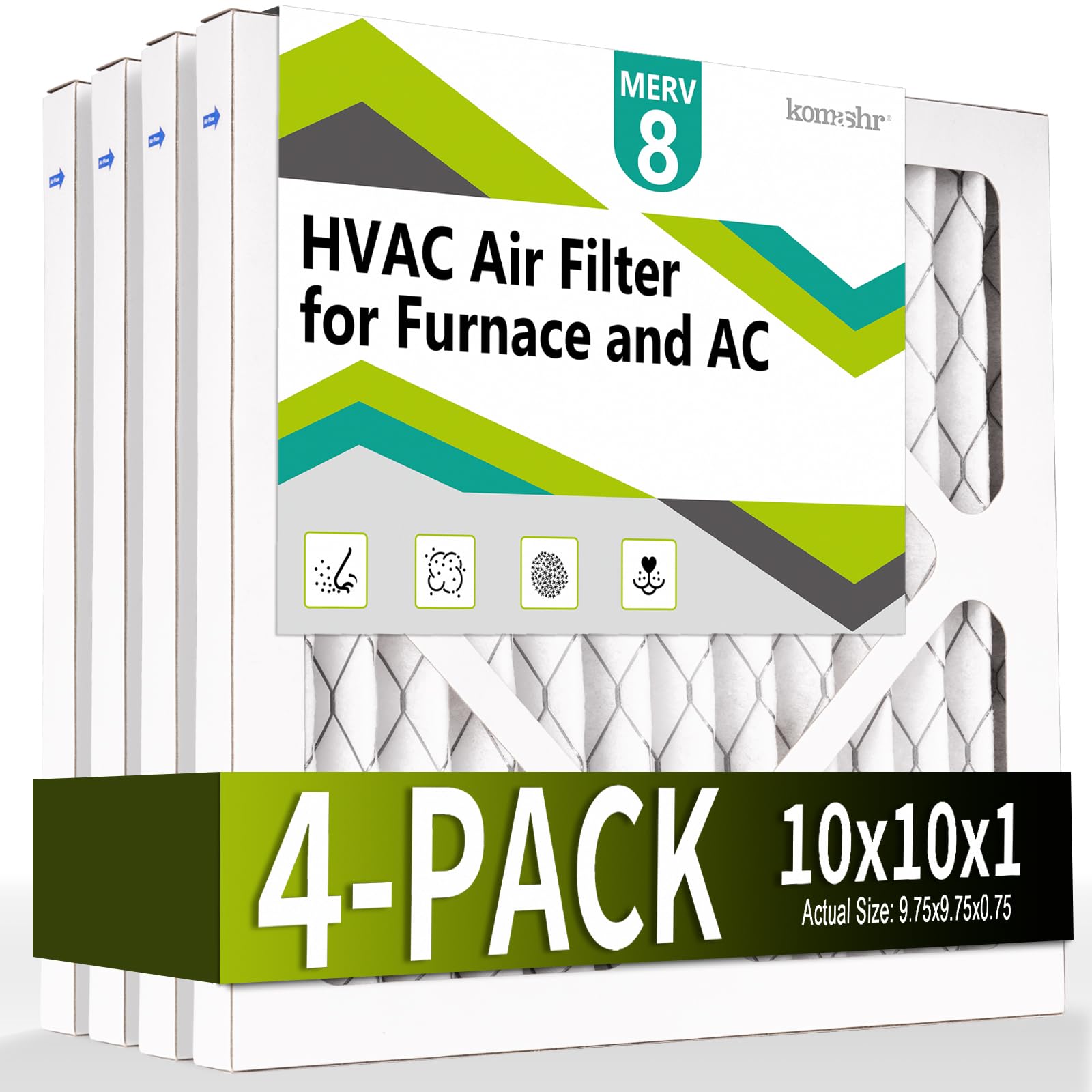 Komashr 10x10x1 Air Filter MERV 8 (4-Pack), HVAC/Furnace AC Filter Replacement, Dust Defense–Comparable with MPR 600 & FPR 5 (Actual 9.75x9.75x0.75)