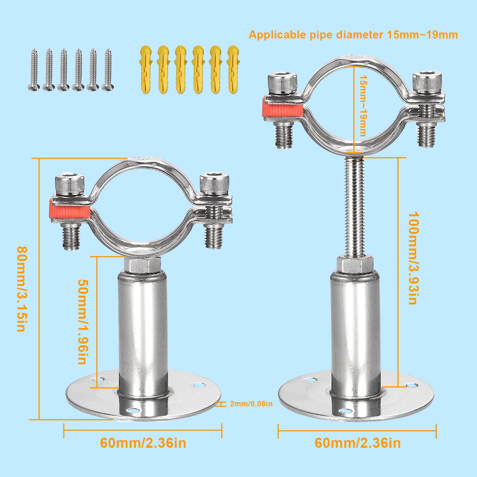2 Stück Edelstahl-Rohrhalterung – Verstellbare Wand-/Deckenhalterung Für 19 Mm Rohre, Inkl. Schrauben & Dübel
