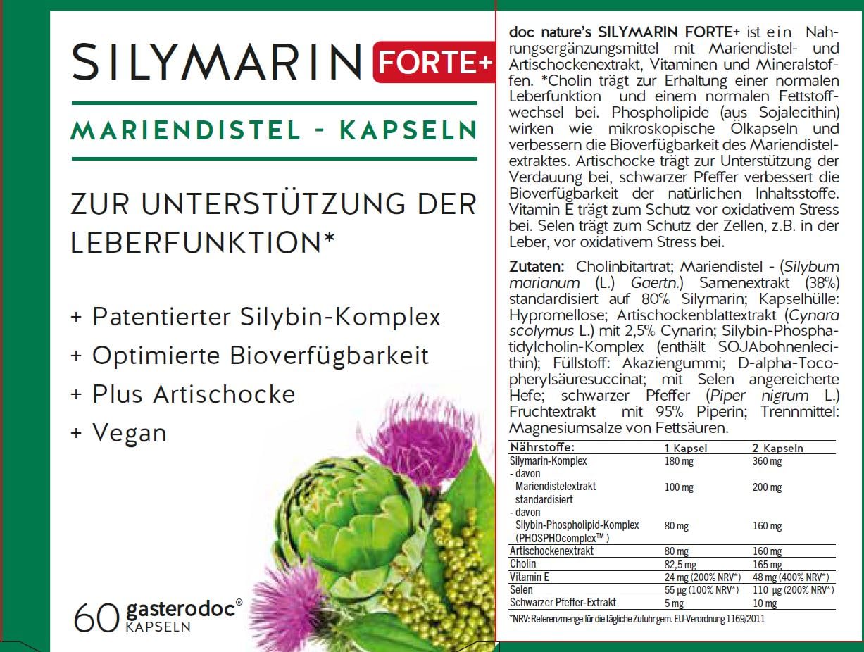 doc nature's Silymarin Forte Kapseln 60 Stück - Unterstützung der Leber - patentierter Silybin Komplex - Nahrungsergänzung Mariendistel - Artischocken Extrakt - Vitamine - Mineralstoffe