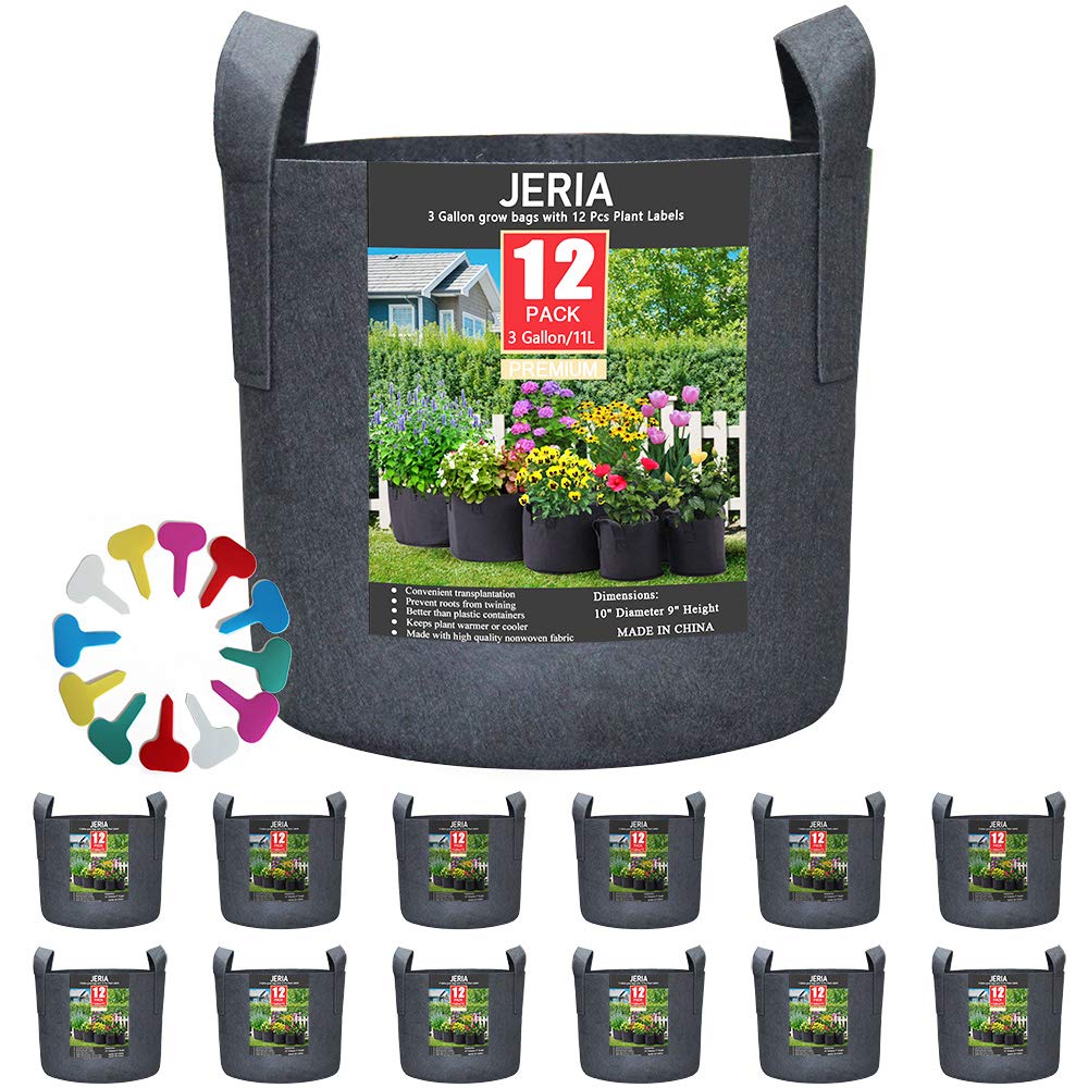 JERIA 12-Pack 3 Gallon, Vegetable/Flower/Plant Grow Bags, Aeration Fabric Pots with Handles (Black)