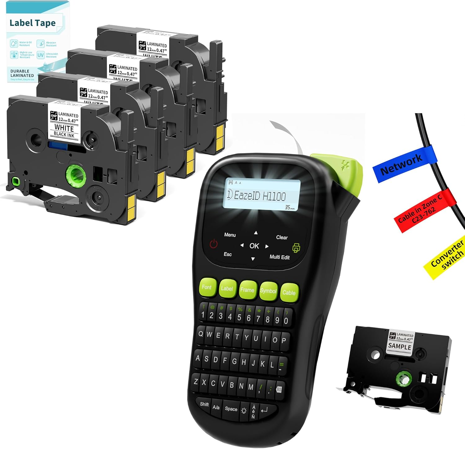 Industrial Label Maker with 5PK Tapes Waterproof, Portable Cable Label Maker with Keyboard, Handheld Wire Labeler with Backlight Screen for Home Office Use, H1100 Black