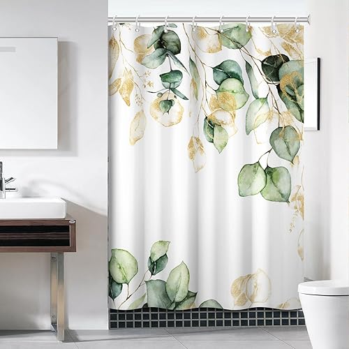 Miniatura 72 de Cortina de ducha verde salvia con eucalipto, cortina de ducha de tela impermeable con hojas de planta de primavera, cortina de ducha acuarela verde