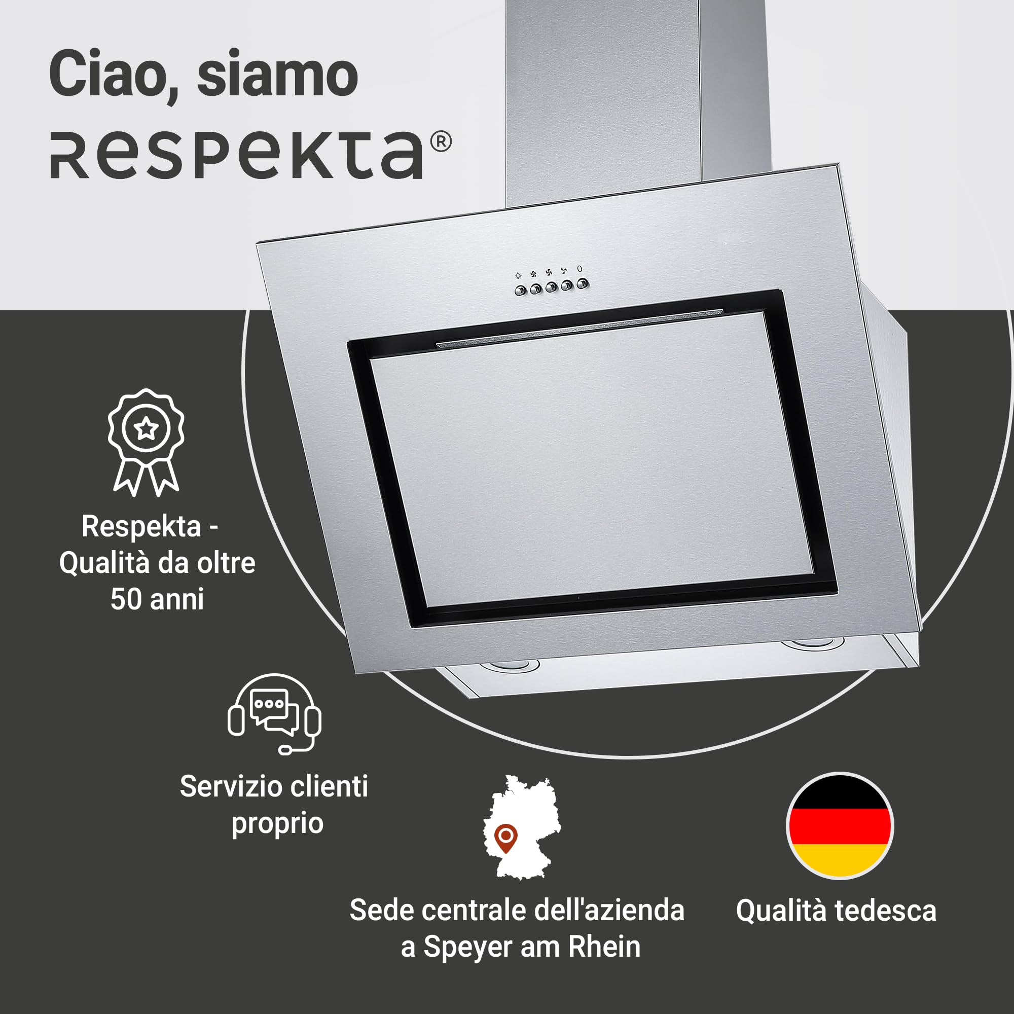 Respekta Cappa aspirante senza ingombro/cappa inclinata 60 cm/struttura in acciaio inox/funzione di espulsione e ricircolo dell'aria / CH22020IXB / B / 58 – 63 dB