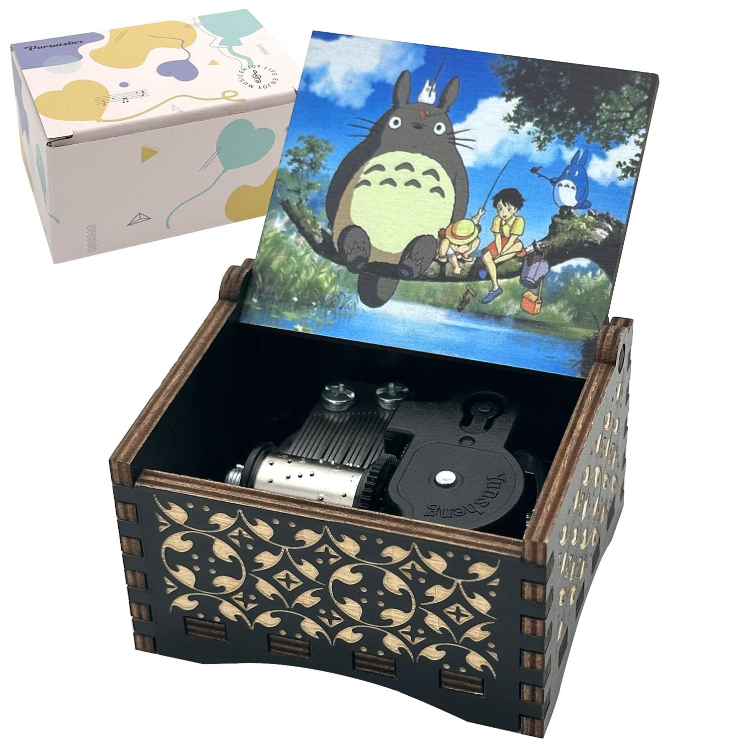 Pursuestar My Neighbor Totor Wind Up Music Box, Vintage Engraved Wood Mechanism Musical Box Gifts for Anime Fans Birthday Christmas Mother's Day