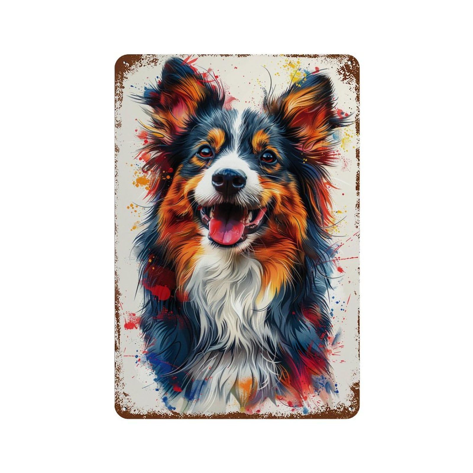 Weathered Tin Sign Colorful Australian Shepherd Art Print-1 11.8"x7.9", Rustic Home Decor for Basement, Hobby Room And Garage Decor