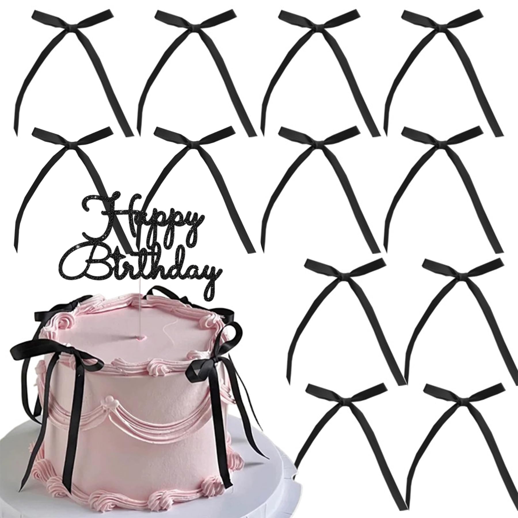 Bow Cake Toppers - Black Bow Cake Topper, Black Bowknot Ribbons, Blacks Birthday Cake Topper, 20pcs Blacks Cake Decorations for Birthday Bachelorette Wedding Party Anniversary,with Happy Birthday Sign