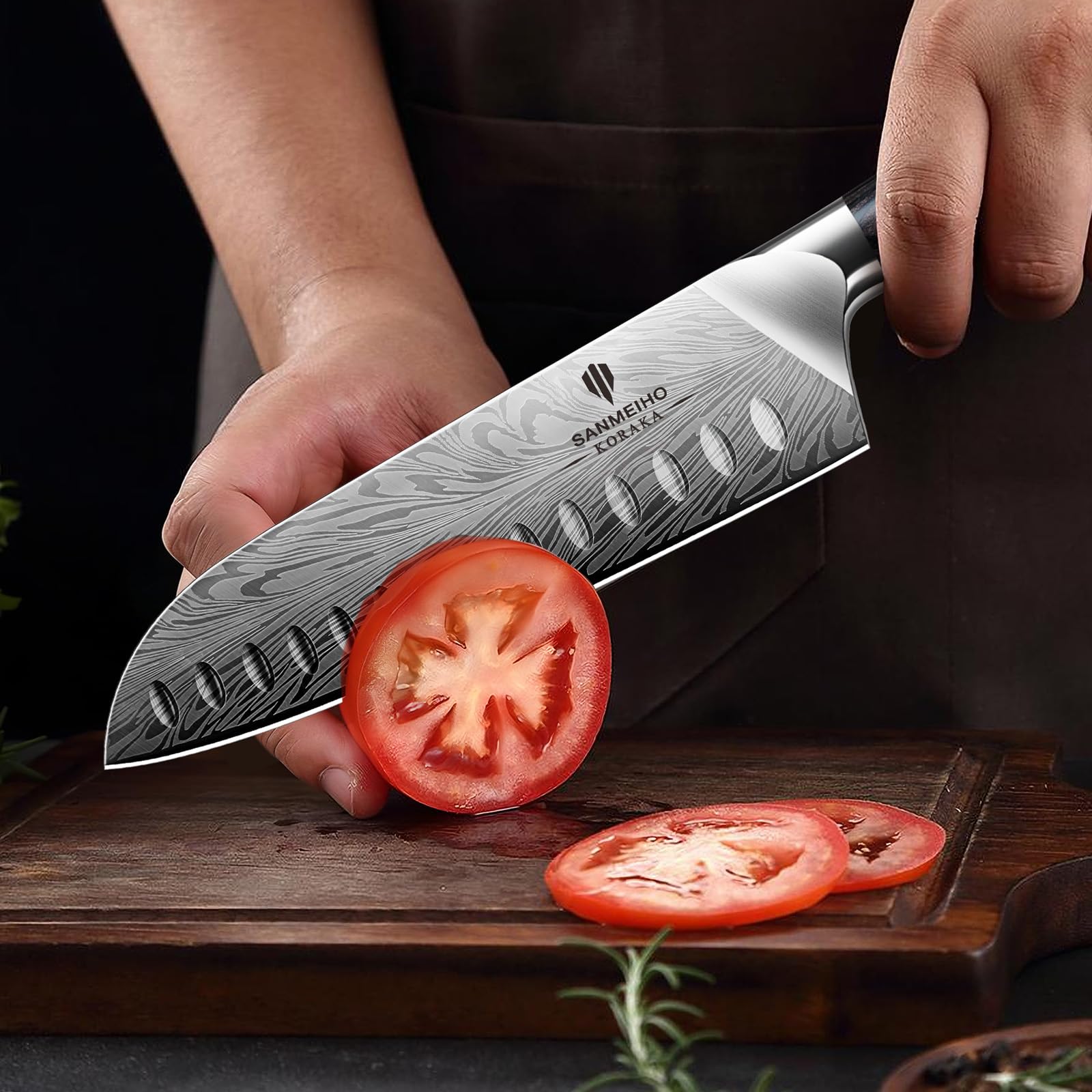 SANMEIHO Nóż Santoku ze stali w proszku, 18 cm profesjonalna kuchnia kuchnia japońska super ostra twarda stal nóż Santoku nóż do warzyw i mięsa, ergonomiczny uchwyt drewniany pakka