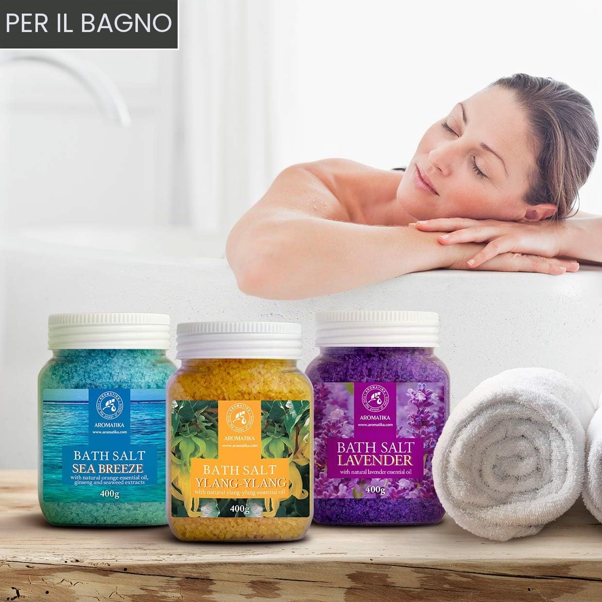 Set Sali da Bagno di Lavanda - Brezza Marina - Ylang-Ylang - Naturale al 100% - Ideale per Dormire Bene - Antistress - Cura del Corpo - Benessere - Bellezza - Rilassamento - Spa