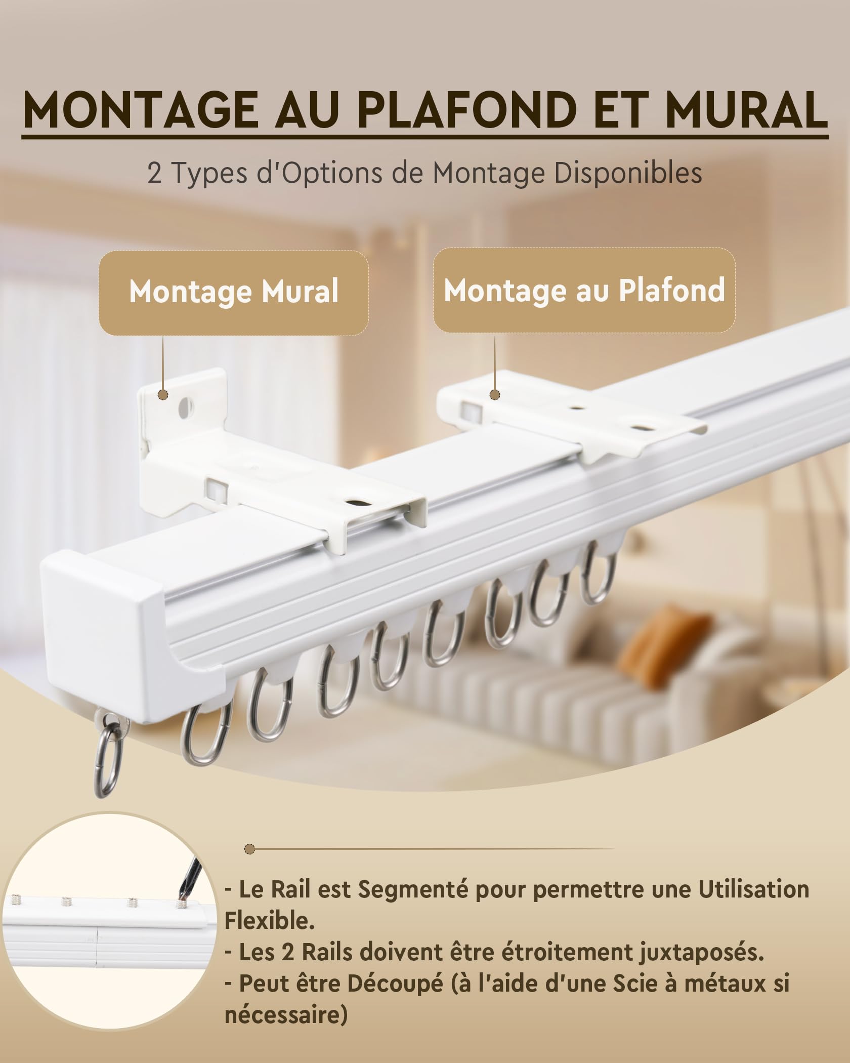 Rail à rideaux 2.5 m en aluminium, tringle à rideaux à un rail, blanc, montage au plafond, système de rails à rideaux pour cloisons, balcons, intimité (2 rails)