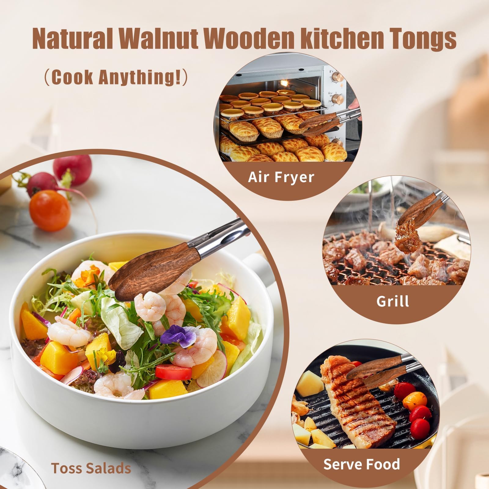 Set di 2 pinze da cucina in legno, resistenti al calore, con impugnatura antiscivolo, utensili per grigliare e servire, in legno di noce naturale con chiusura a scatto, per barbecue e insalate