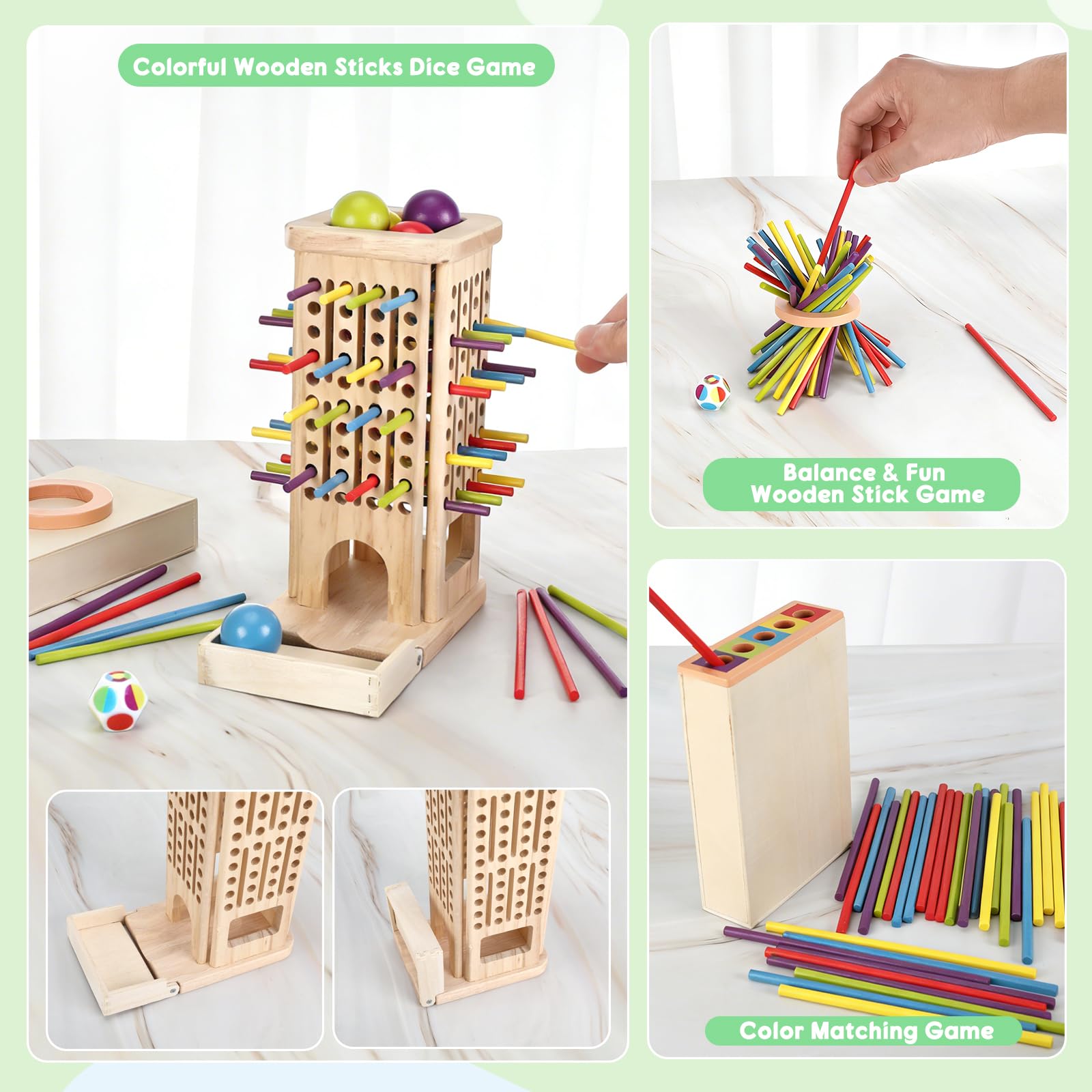 Giochi Montessori per Bambini 3-6 Anni, Gioco da Tavolo in Legno con 40 Bastoncini Colorati, Dado & Box di Legno, Fine Motor Game, Regalo Bambina Bambino 3-9 Anni