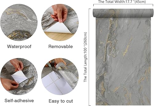 Miniatura 2 de Papel de contacto para encimera de mármol gris dorado, impermeable, mate, para cocina, baño, autoadhesivo, extraíble, mármol, para paredes,