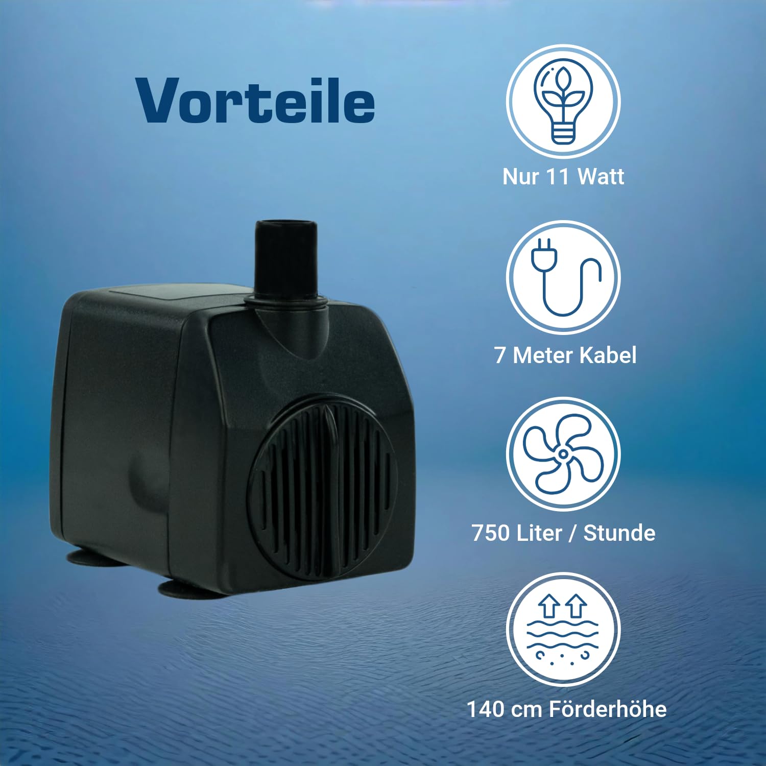 Wasserspiel-Pumpe 12 V – 750 L/H, nur 11 Watt, 7m Kabel, extrem leise, 140 cm Förderhöhe, Teichpumpe, Wasserpumpe, Aquariumpumpe und Zimmerbrunnen-Pumpe | Tauchpumpe | Springbrunnepumpe | KEP750L
