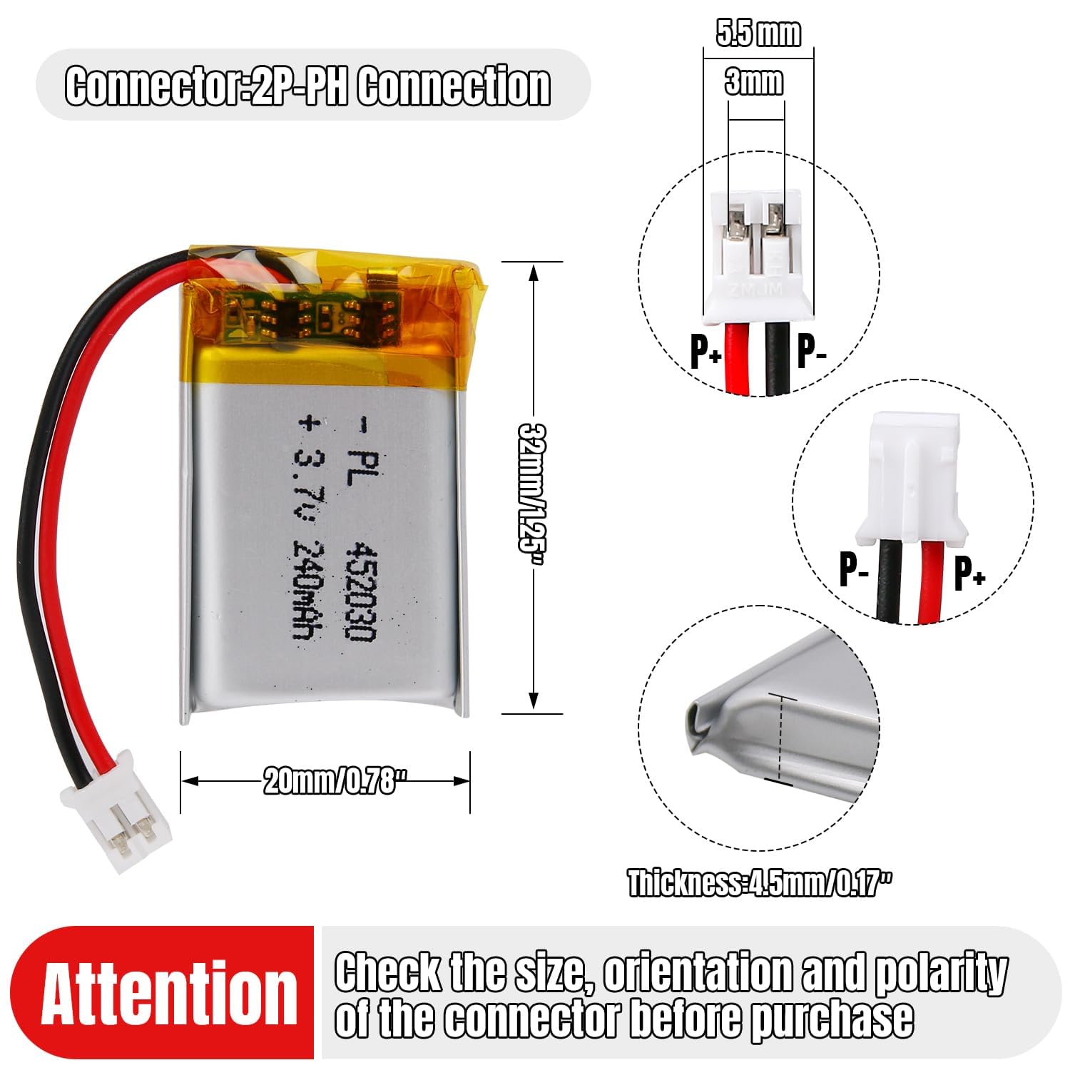3.7V Lipo battery, 3.7V 240mAh 452030 Lithium Polymer Ion with 2P-PH connection with 2.0 mm pitch — view 3
