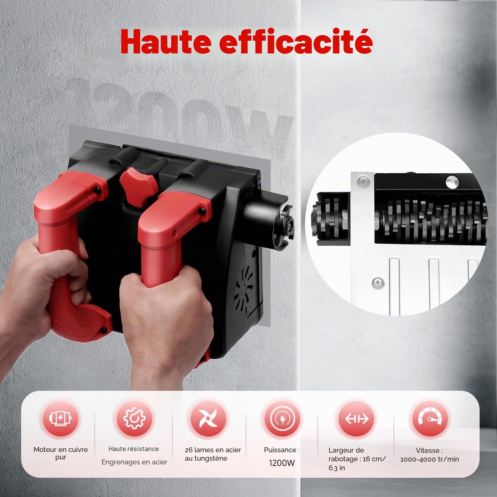 Raboteuse éLectrique, 1200W Raboteuse Murale éLectrique 4000 Rpm Les Murs Machine De Découpe, Tenue à La Main Machine à Mastic Pour Murs, Plafonds, Planchers