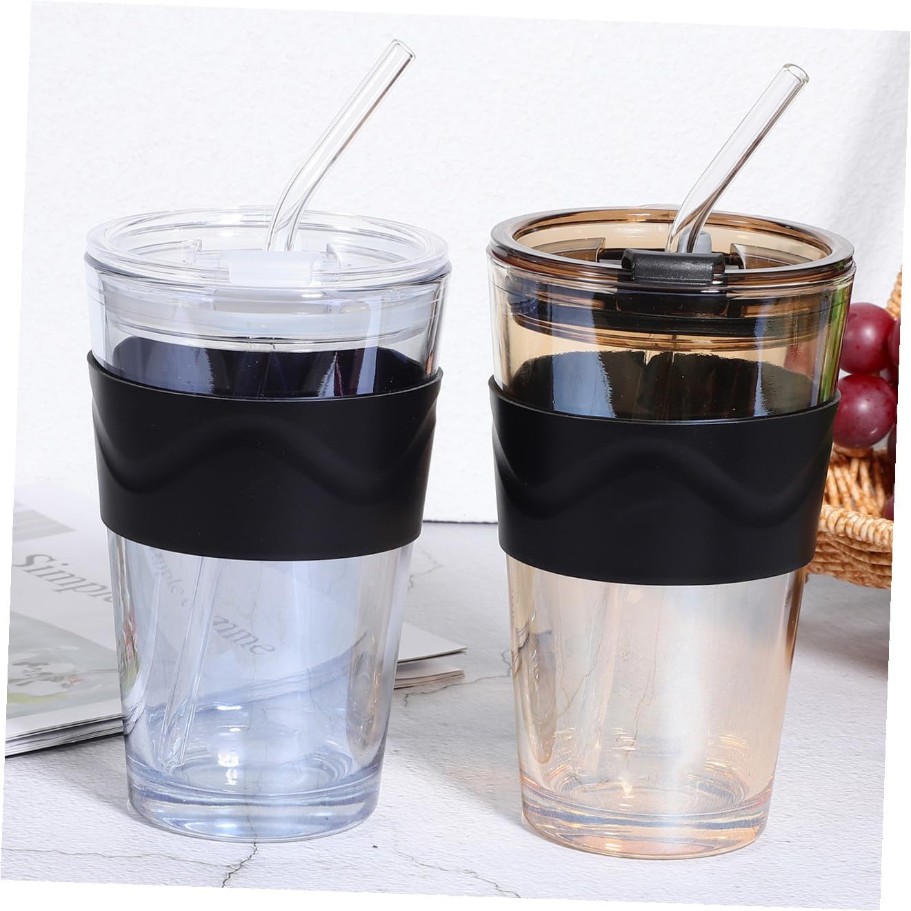 2Pcs Drinking Cup with Straw Water Bottle for Iced Tea Beer Coffee Juice Includes Insulated Sleeve Water Colors