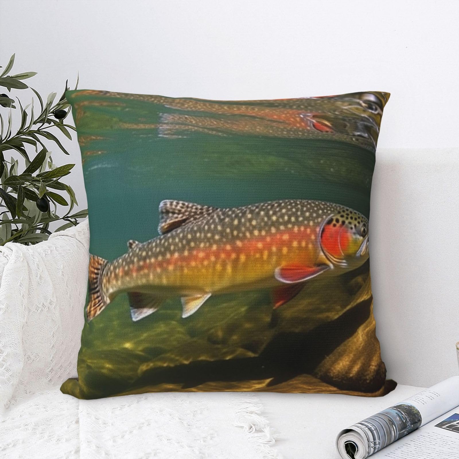 FodPand Luxury Velvet Throw Pillow Covers 18"x18" Super Soft Decorative Pillow Cases - Brook Trout Fly Fishing Pillowcases Modern Lumbar Cushion Cases for Couch Sofa Bed Pillow Shams