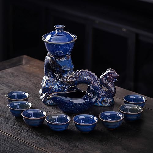 Miniatura 10 de Juego de Té Semi Automático Juego de Té Cerámico con Infusor Tetera Mágica con 8 Tazas (Dragón Amarillo-D) Dragón Amarillo-D,Dragón de latón antiguo