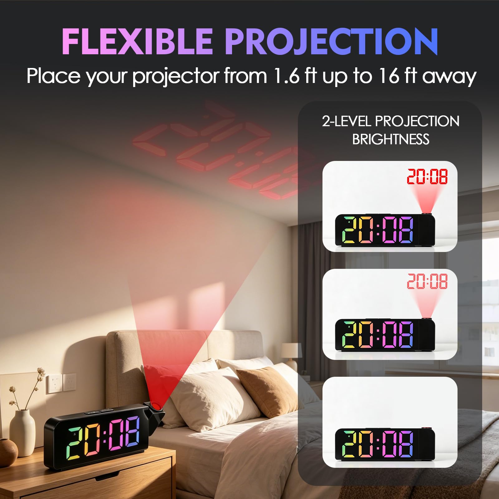 Reloj Despertador Digital con Proyector 180° RGB, 7" Pantalla LED, Temperatura y Fecha, USB Carga, Brillo Ajustable 12/24H