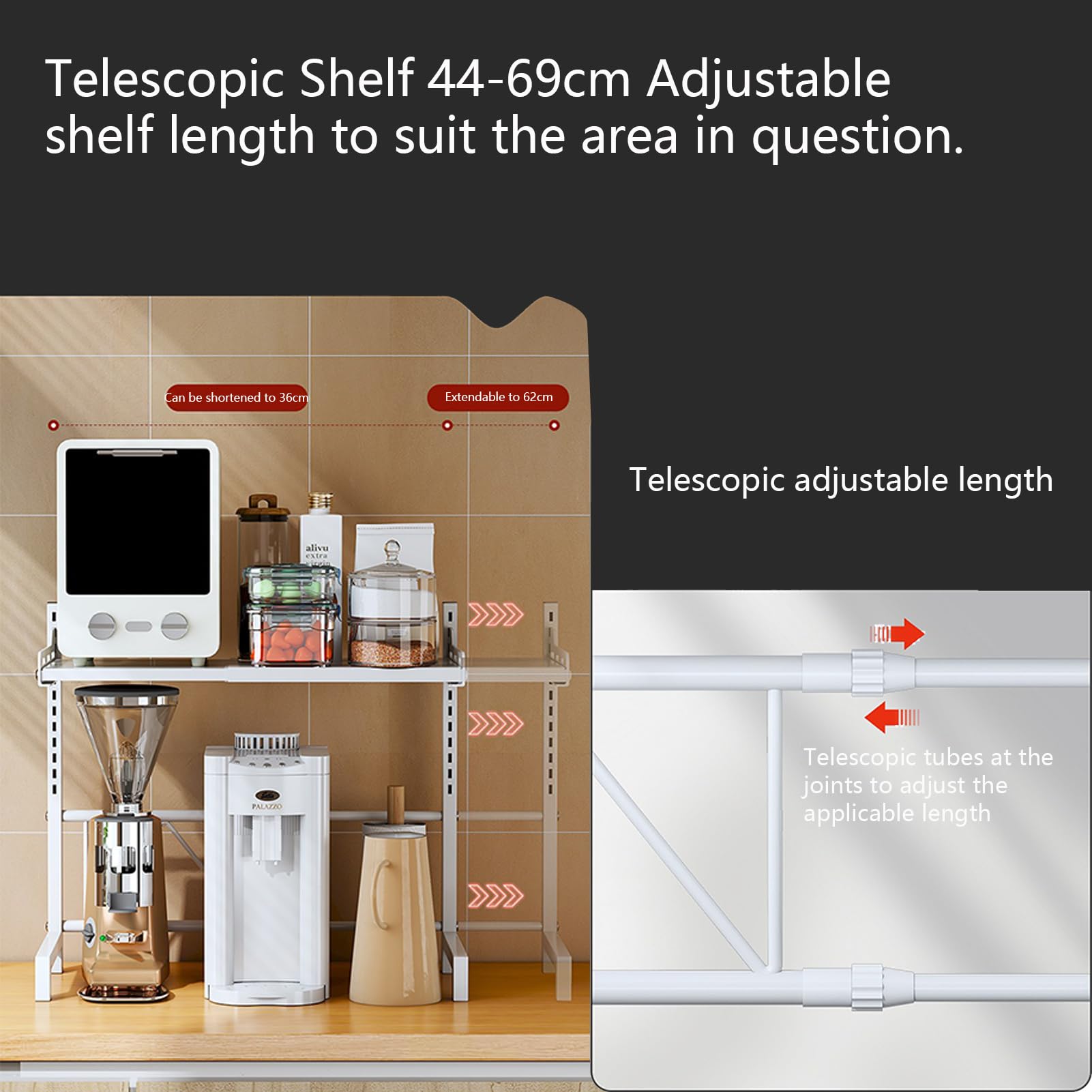 Etagère pour Four à Micro-Ondes Extensible Support Ajustable Etagère pour comptoir de Cuisine Organisation pour comptoir de Cuisine 3 Niveaux avec Rangement (Gris,3 Plis rétractable)