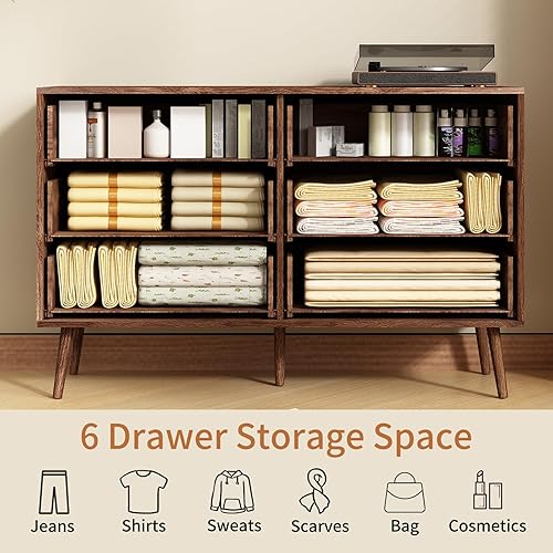 Miniatura 7 de JOZZBY Cómoda para dormitorio con 6 cajones, cómoda moderna de mediados de siglo con asas doradas, cómoda de madera de nogal y cómoda para entrada,