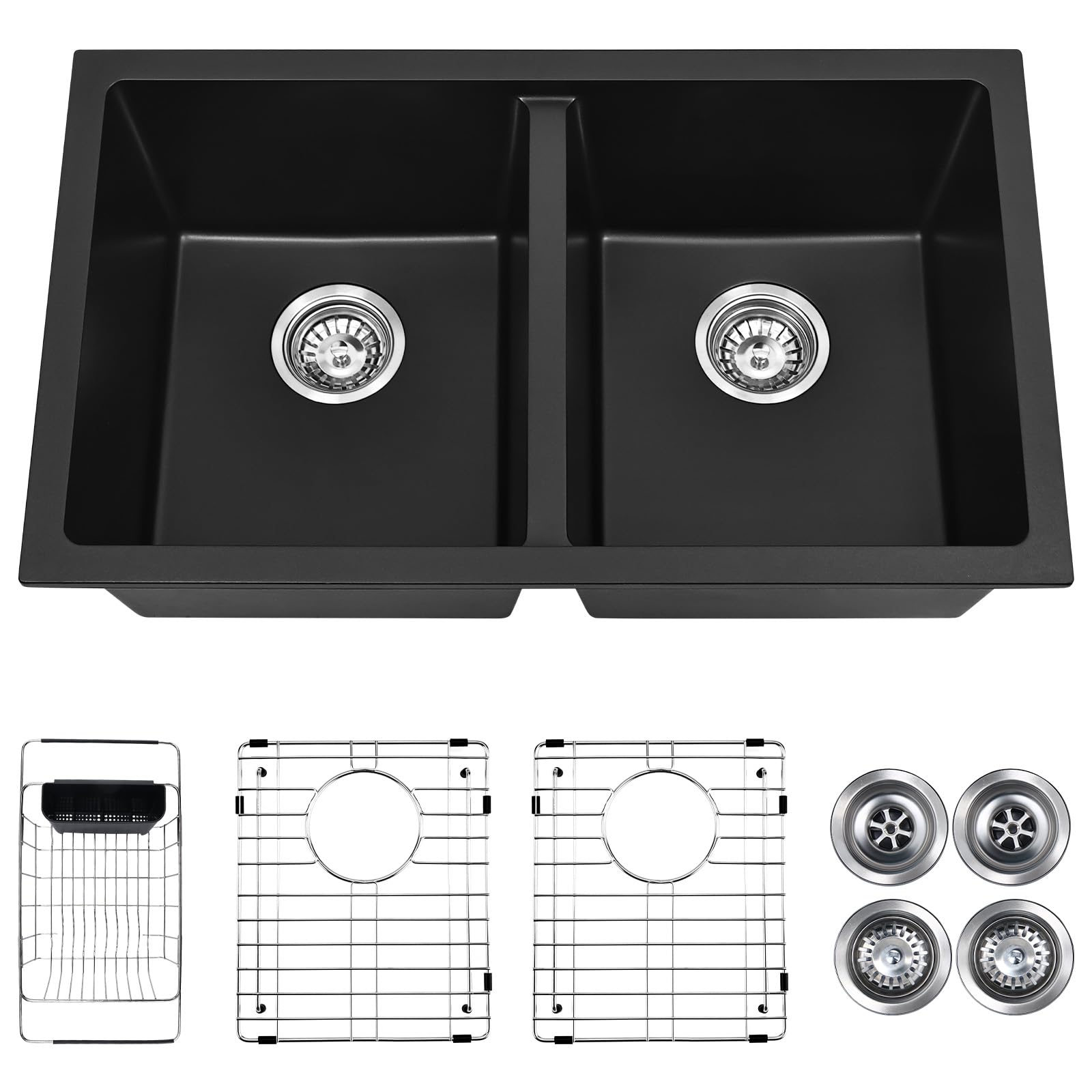 Évier de cuisine en granit noir double cuve 76 cm composite quartz