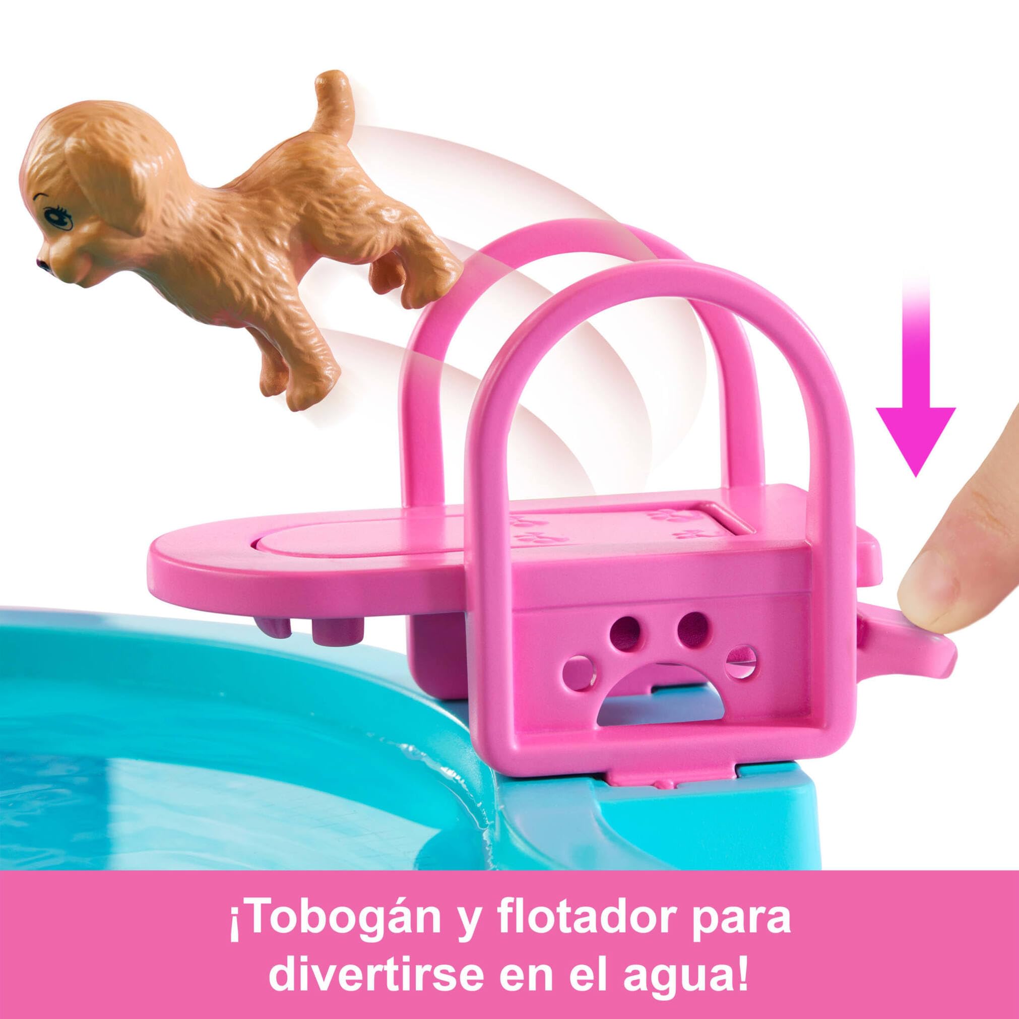 Barbie Piscina de ensueño Conjunto de Juego con 6 Zonas de Juego, Incluyendo un Jacuzzi con tobogán y Burbujas, además de más de 20 Accesorios como Mascotas, flotadores y Mucho más, JKG83