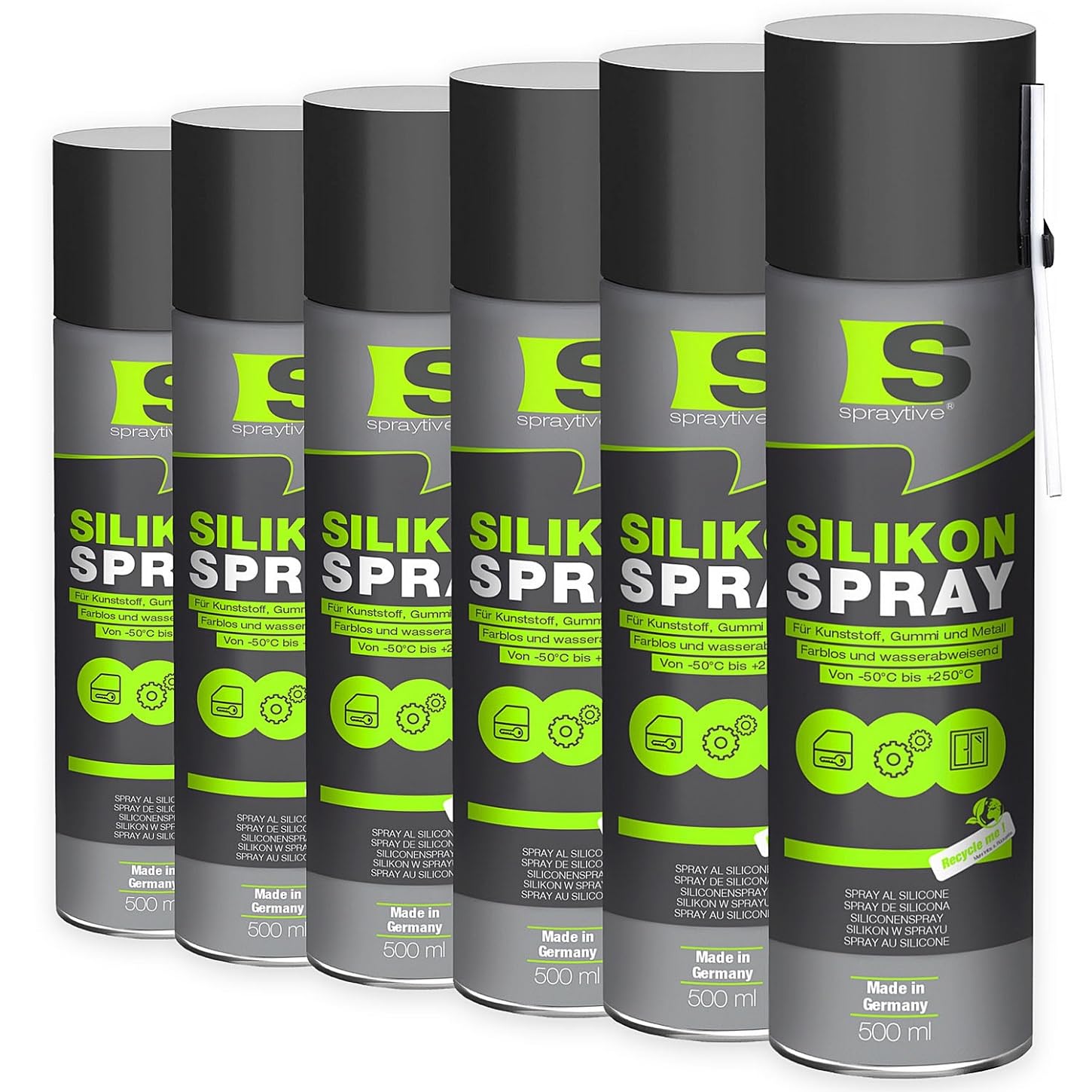6 x 500 ml spray silicone - Lubrifiant et spray lubrifiant pour voiture, caoutchouc, plastique et métal - Incolore, hydrofuge, sans résidu, de -50 °C à +250 °C - Fabriqué en Allemagne