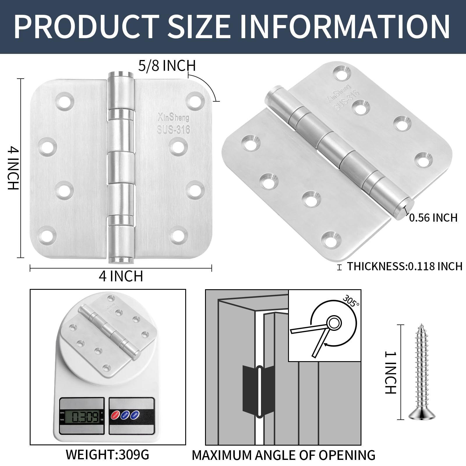 Zawiasy drzwiowe 10 cm, wytrzymałe, łożysko kulkowe ze stali nierdzewnej klasy morskiej XINSheng 316, promień 1,6 cm, odporne na rdzę do wnętrz i środowisk o wysokiej soli, 3 szt