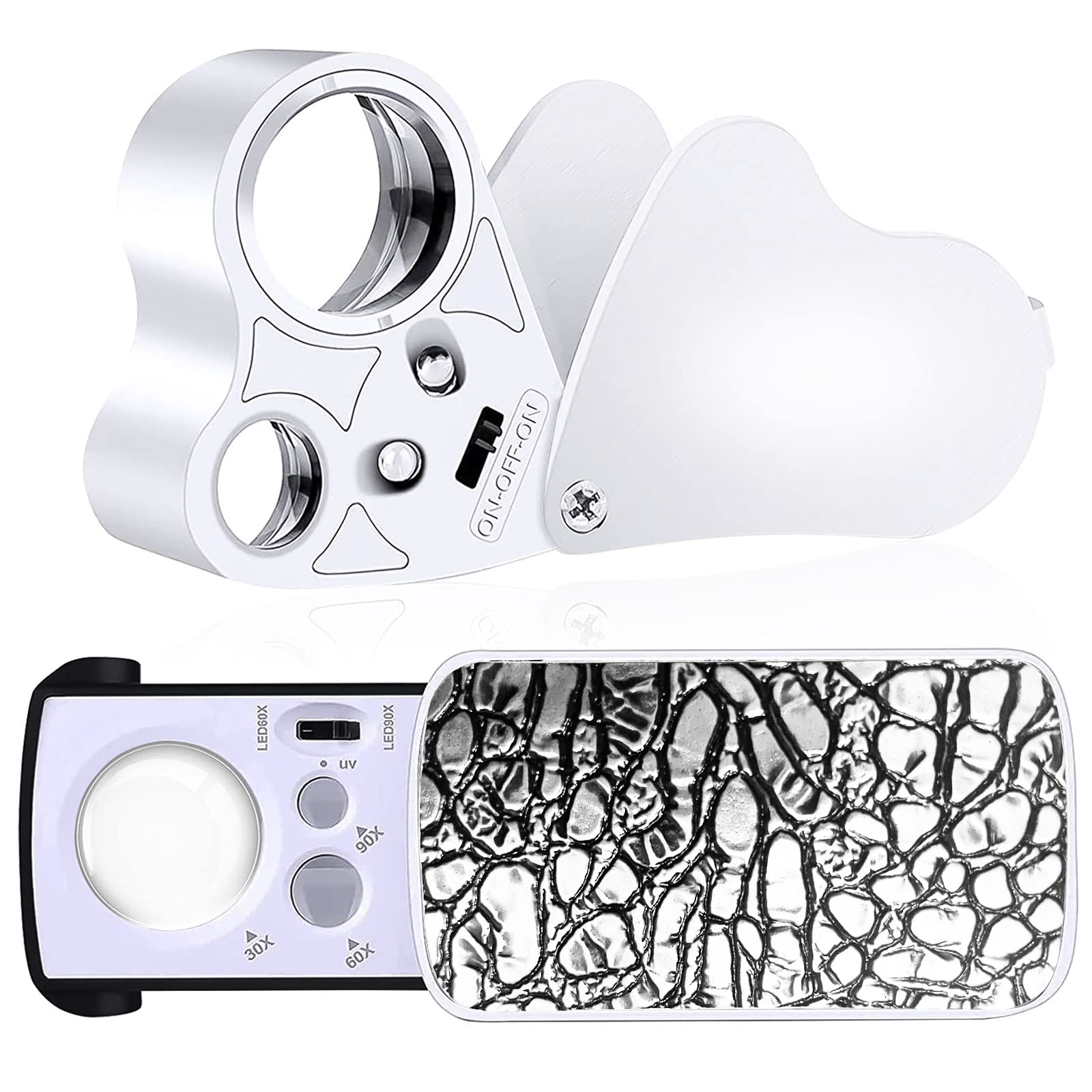 2 Pcs Jewelers Illuminated Loupe Magnifier, 30X 60X 90X Foldable Eye Loupe Magnifier with Bright LED Light for Jewelry, Coins, Gems, Stamps, Watches Rocks (White)